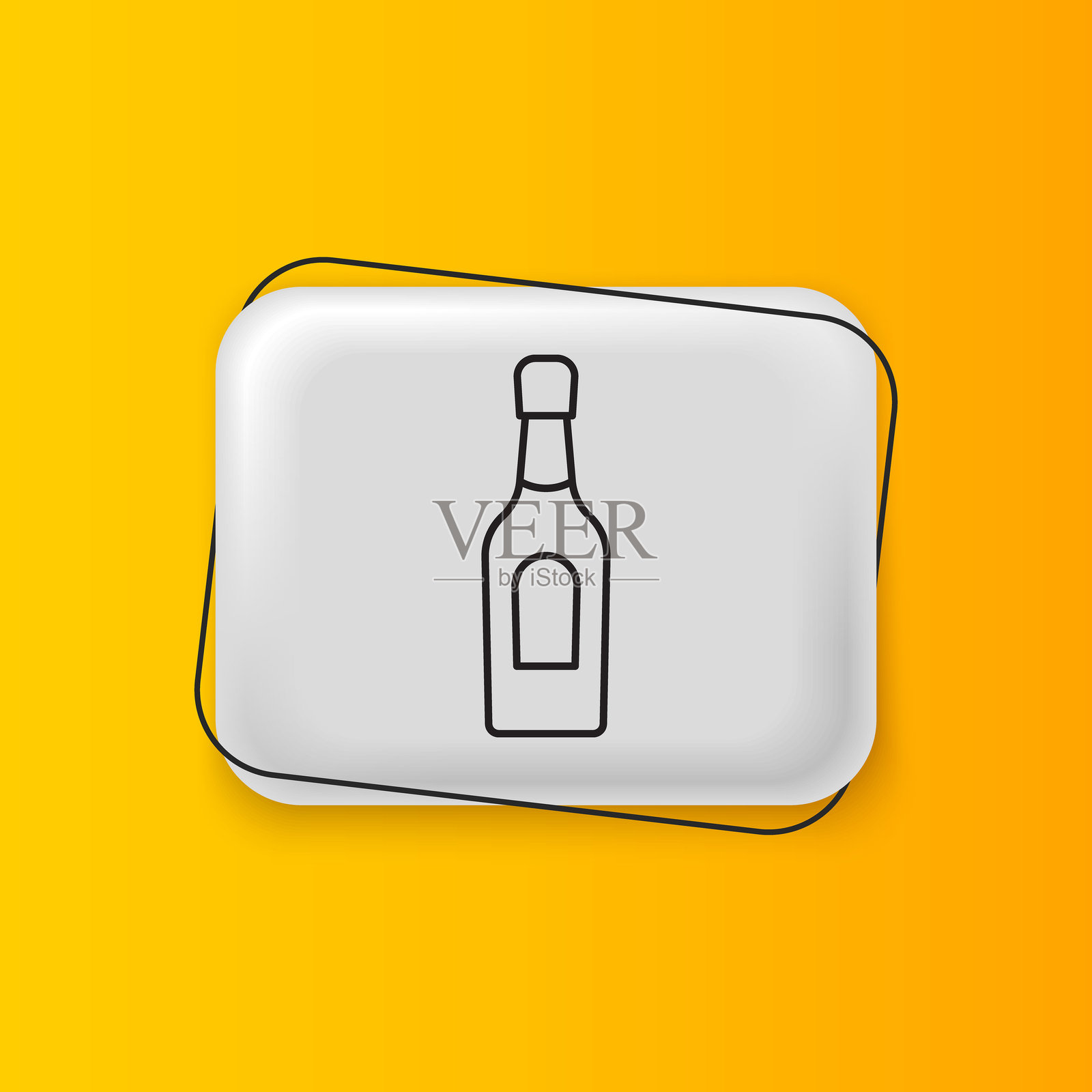 黑色香槟酒瓶图标，孤立在黄色背景上。银色矩形按钮。矢量图插画图片素材