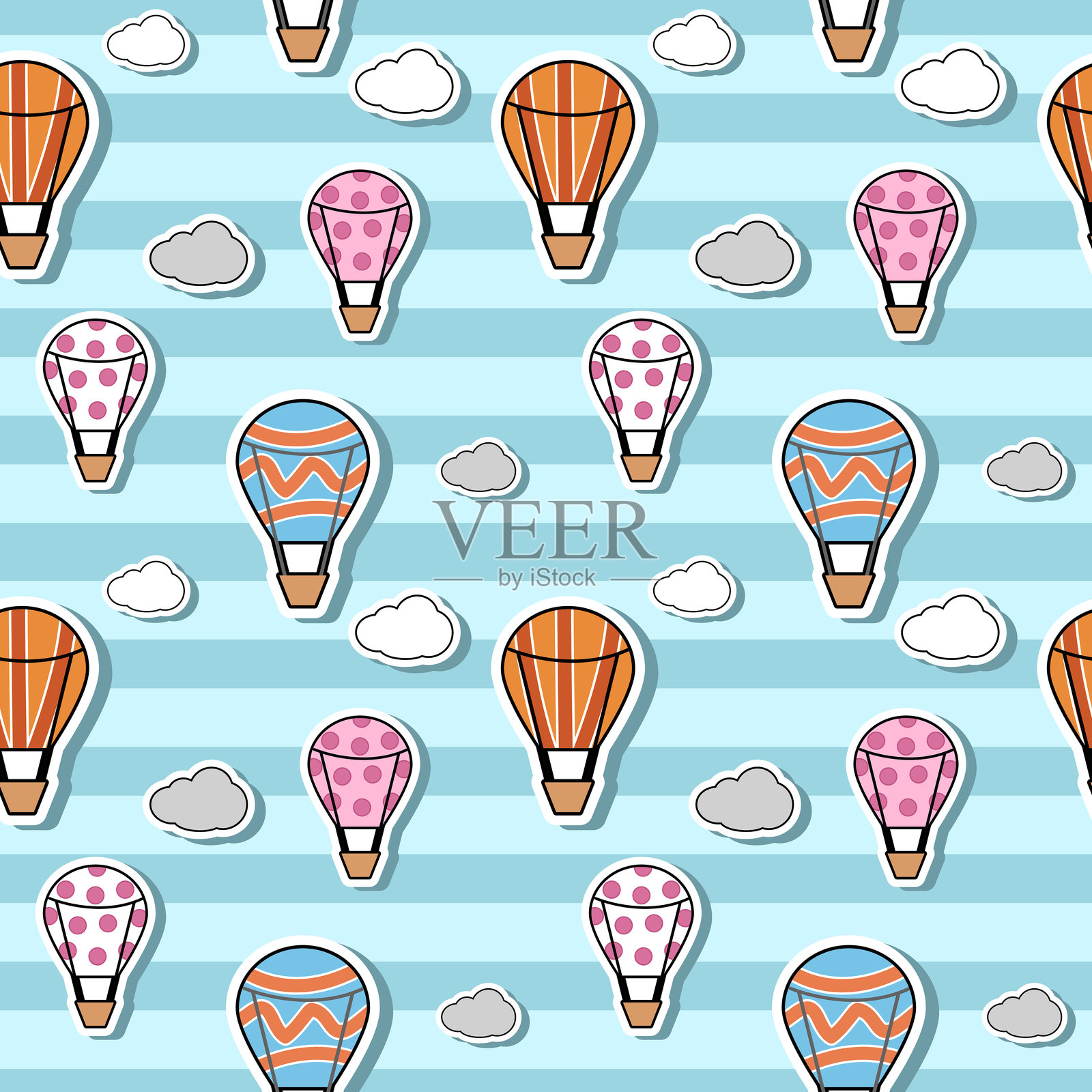 热气球，色彩鲜艳，卡通可爱。天空云彩背景。无缝图案矢量图。插画图片素材