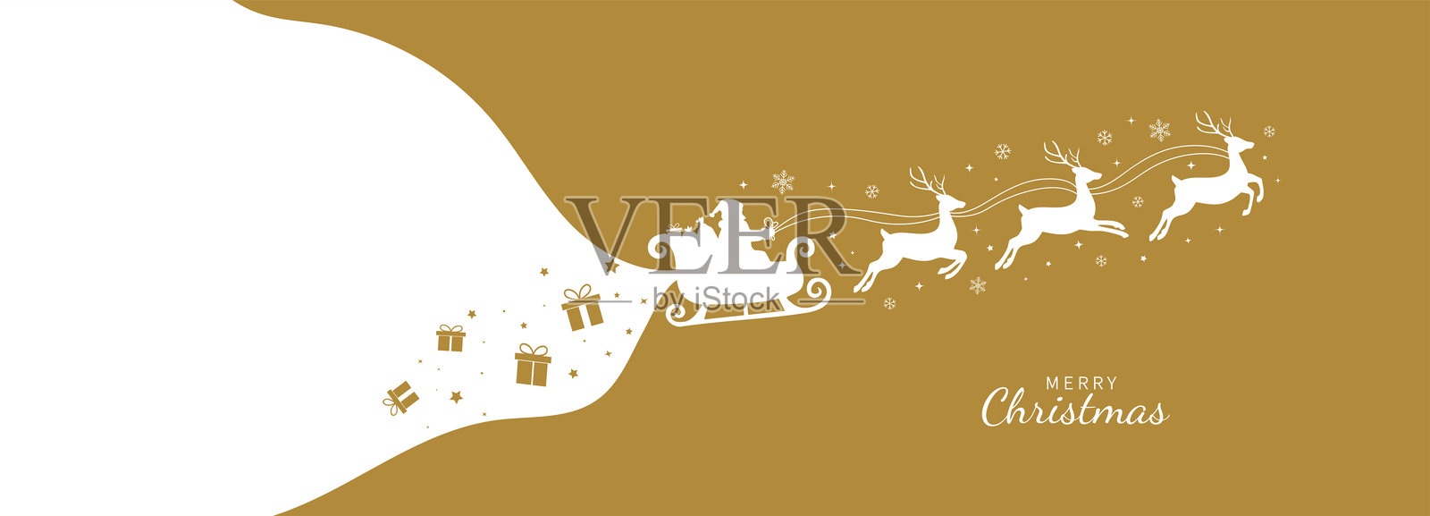 圣诞老人驾驭驯鹿雪橇，背景有闪光、星星装饰。圣诞雪橇剪影，孤立在白色背景上。圣诞快乐。矢量插画插画图片素材