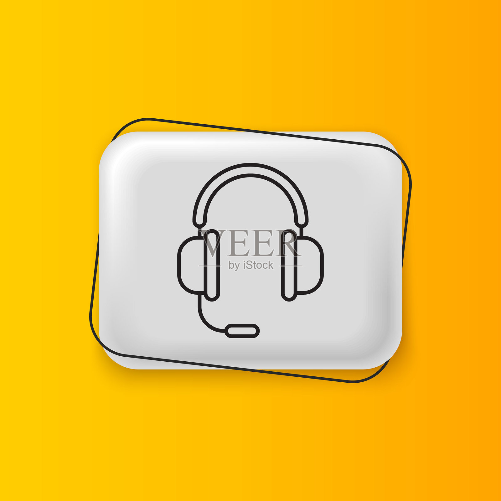 带麦克风图标的黑色耳机，孤立在黄色背景上。银色矩形按钮。矢量图插画图片素材