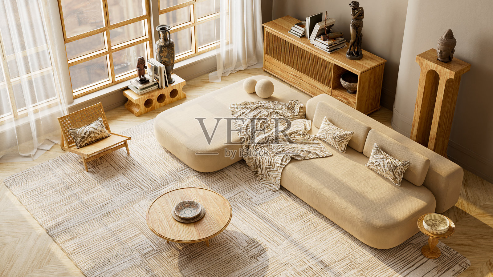 现代日式混搭风格客厅，配有木制家具、柔和的米色调和自然光，极简主义室内 3D 插画照片摄影图片