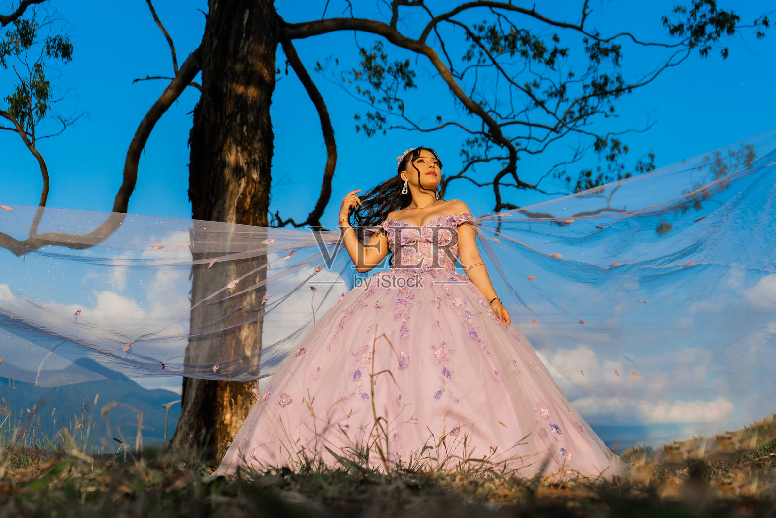 年轻女子身穿粉色及膝裙礼服，在自然风景中摆姿势造型照片摄影图片