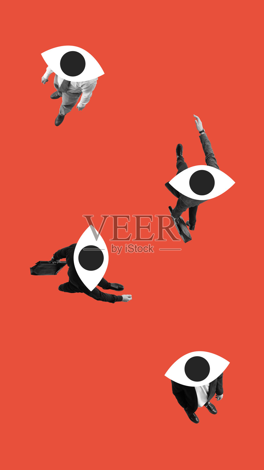 超现实拼贴艺术。商业人士的巨大眼睛头在红色背景上行走，超现实艺术照片摄影图片