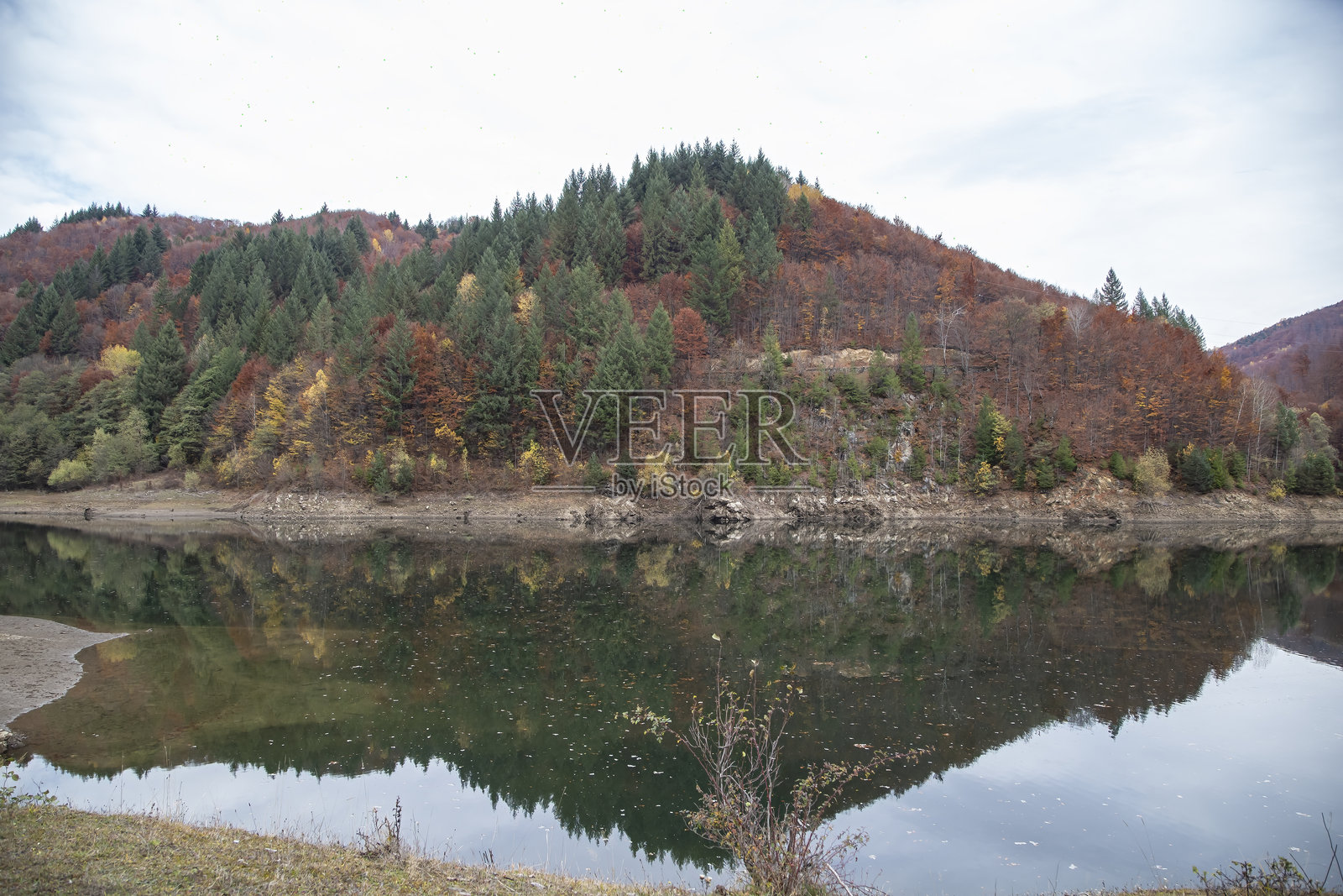 秋季风光倒映在大瓦莱（Valea Mare）水库的湖水中。照片摄影图片