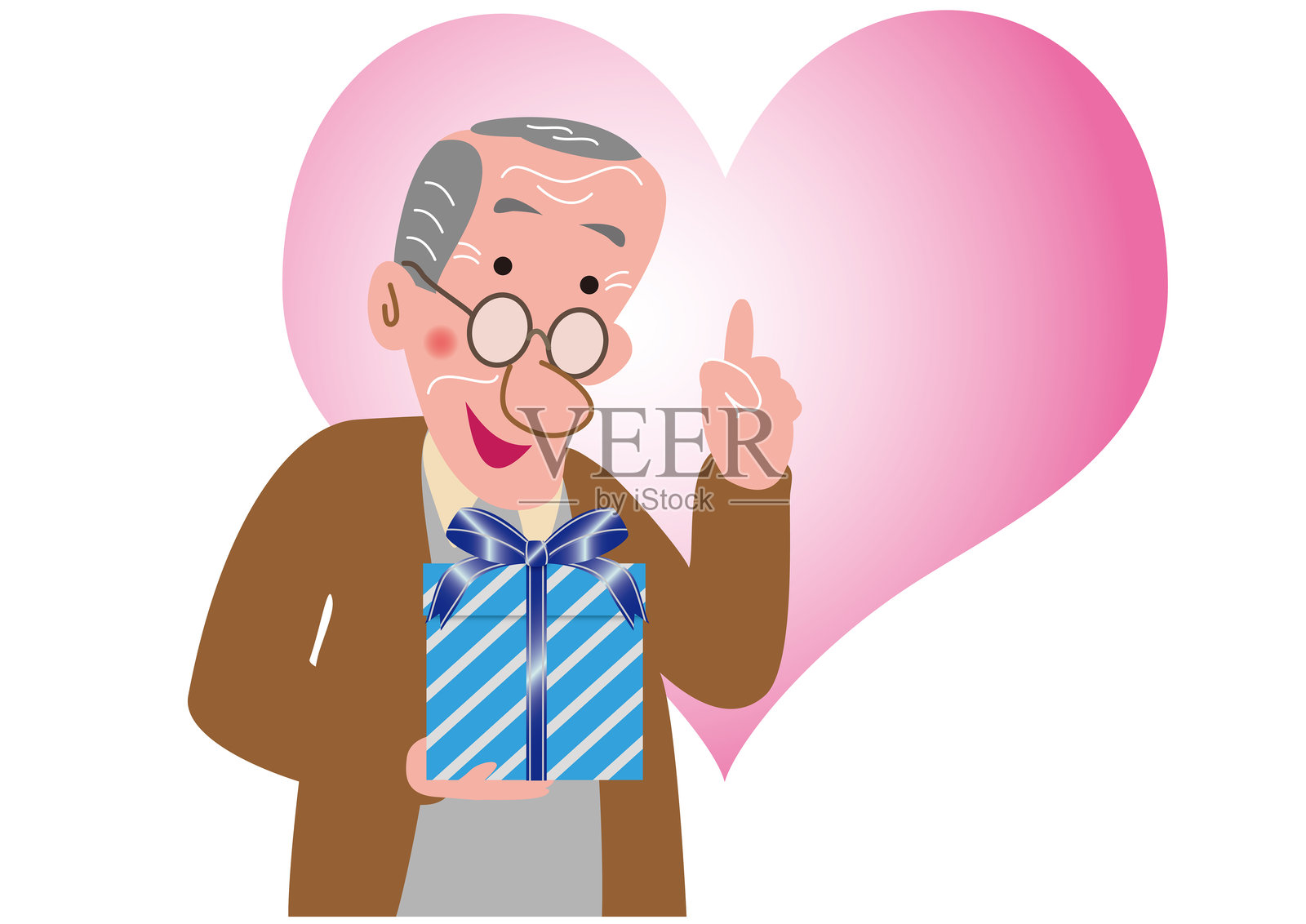 爷爷高兴地拿着一个礼物盒插画图片素材