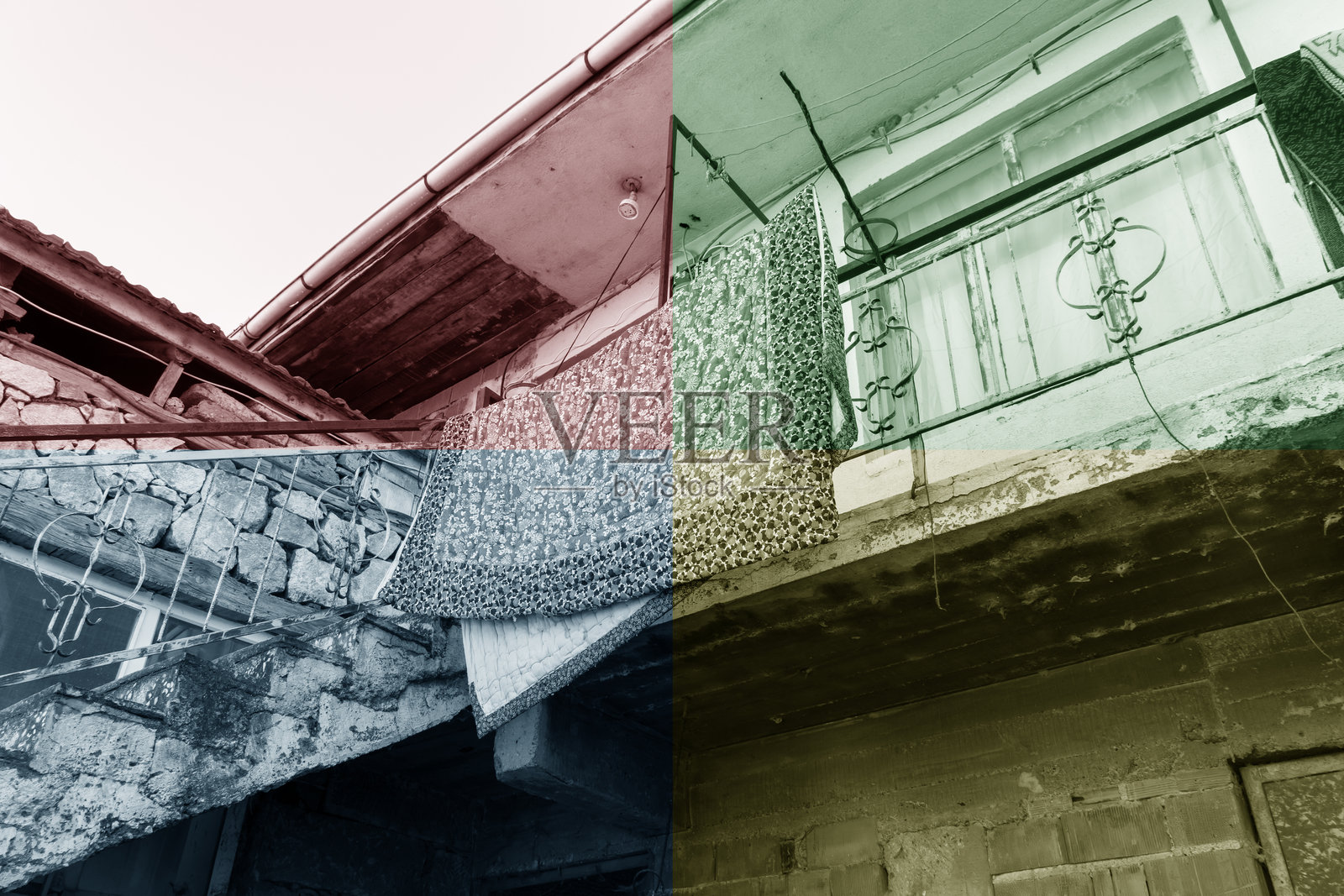 村庄房屋的门廊上挂着一幅花卉羊毛被子，应用了四色调棕褐色滤镜。照片摄影图片