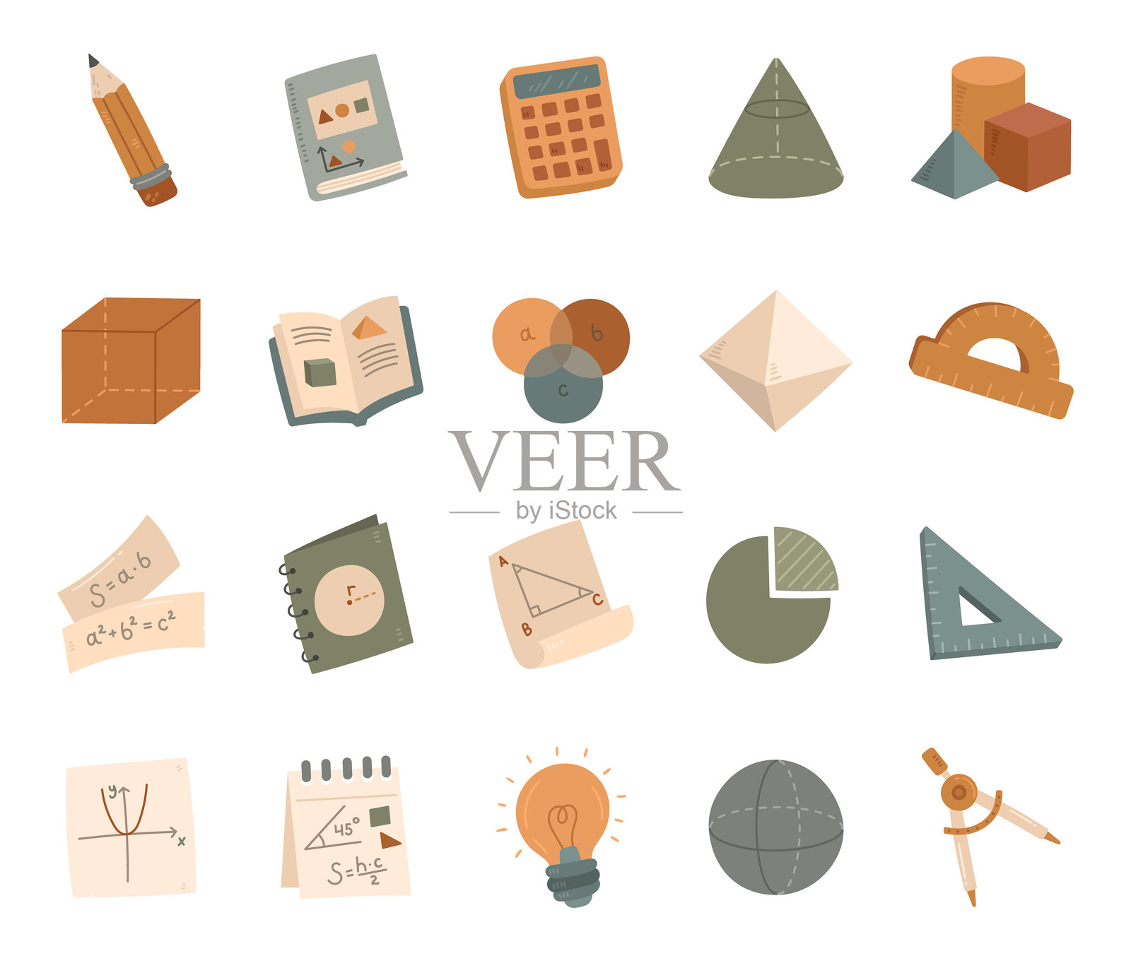 斯堪的纳维亚风格的几何图案，展示用于学习、测量、绘图、研究、教学和知识发展的教育工具、书籍、图表和形状，适用于课堂项目插画图片素材