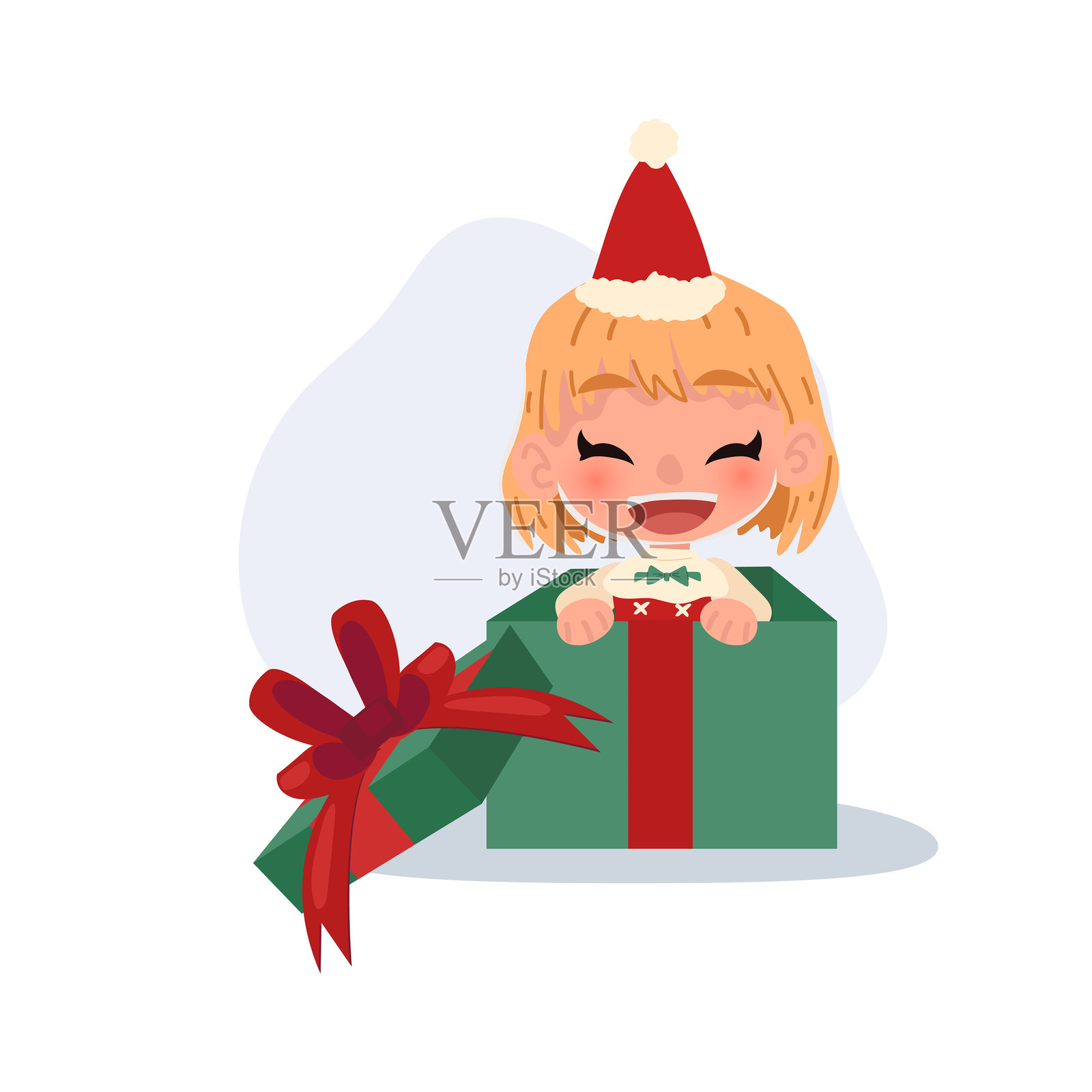 可爱的孩子戴着圣诞帽，从圣诞礼物中探出头来，用于节日问候和庆祝插画图片素材