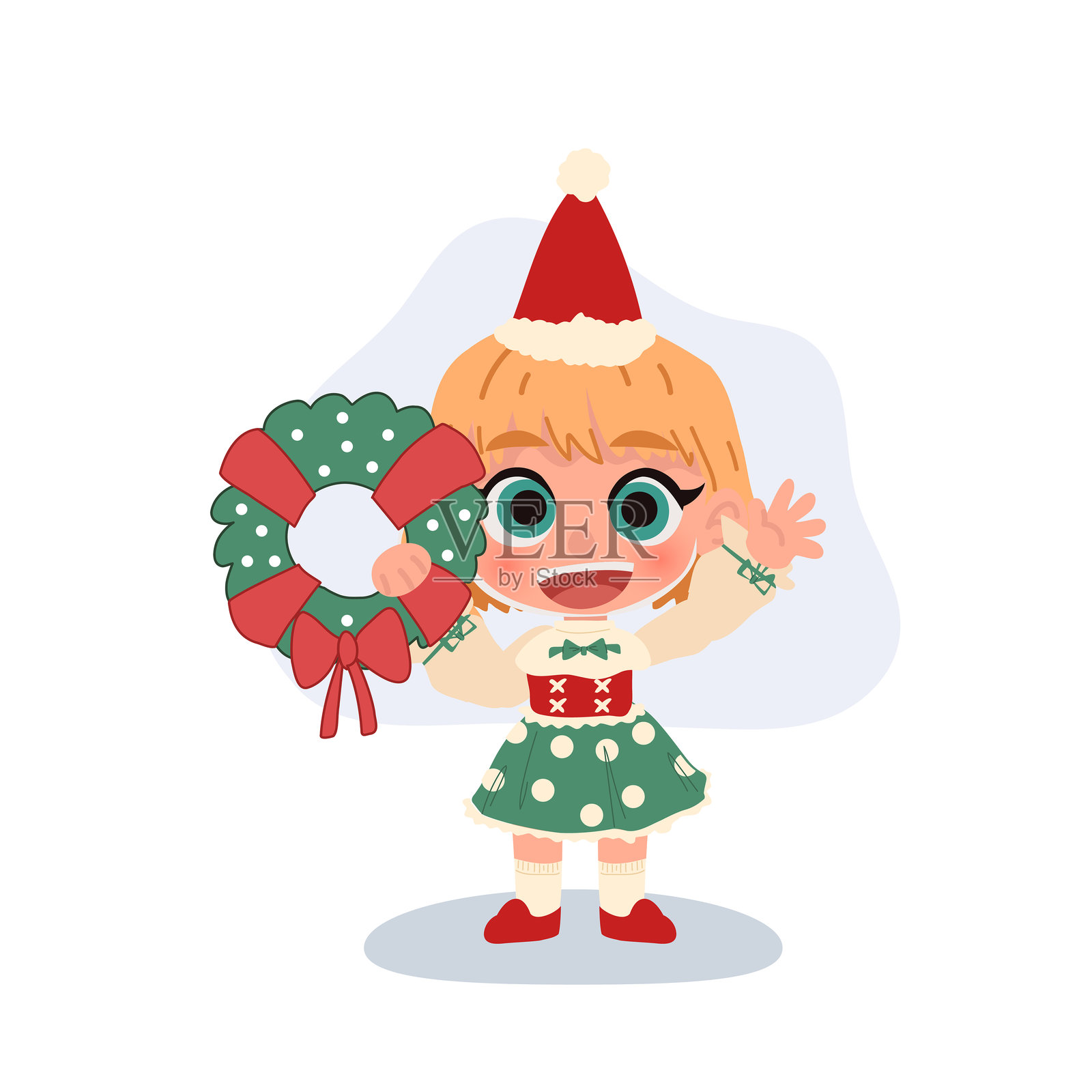 穿着圣诞服装的快乐小女孩，手持绿色花环，可爱节日主题，适用于季节性问候和装饰设计插画图片素材