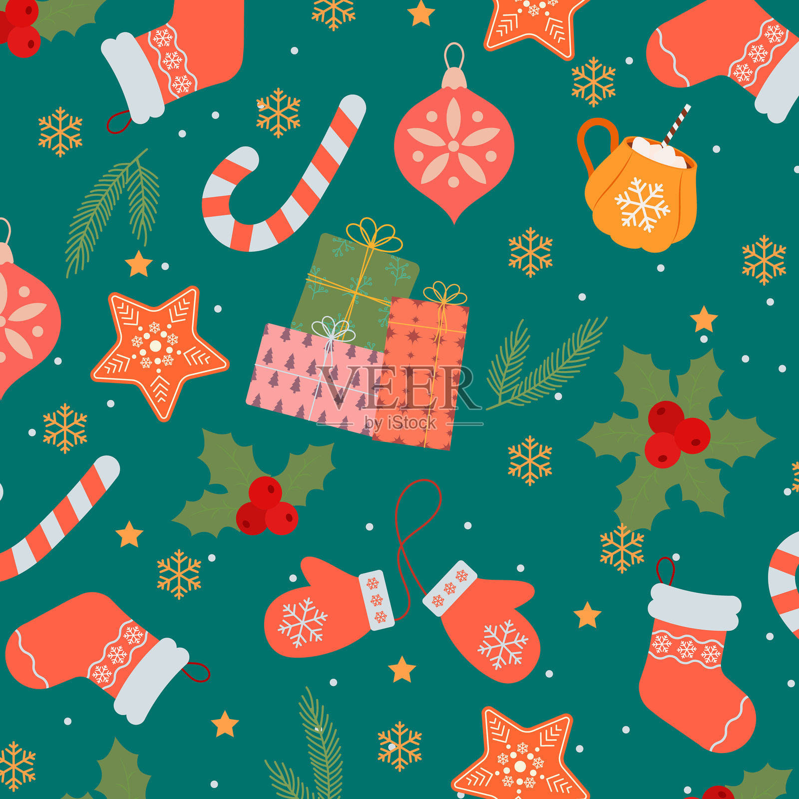 无缝圣诞图案，饰有节日装饰和冬季假期元素，用于包装纸插画图片素材