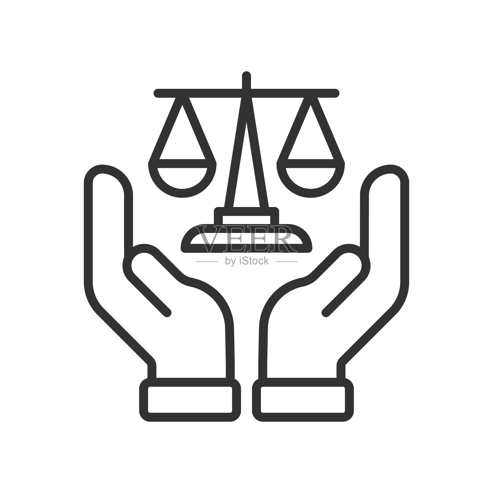 矢量图：正义保护图标，线条设计。保障、法律保护、平等权利、公平图标、援手、支持、法律象征、道德原则，背景为白色。可编辑描边的正义图标 - AI生成插画图片素材