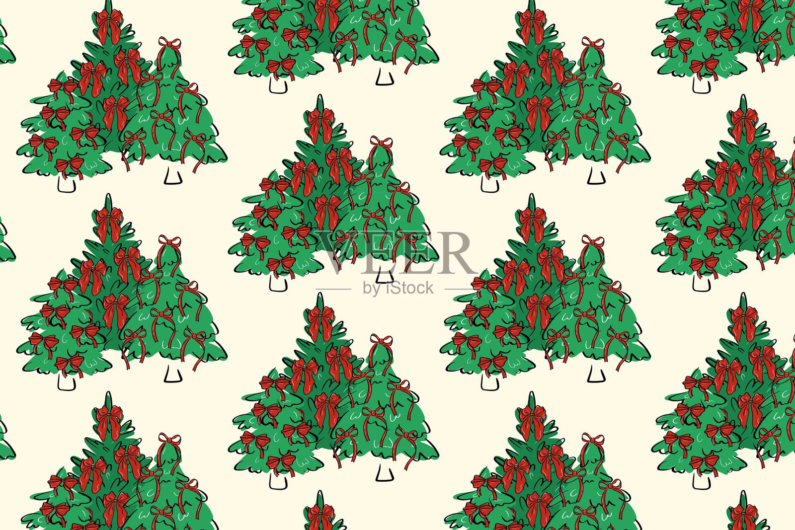 带有红色蝴蝶结的圣诞树装饰图案插画图片素材