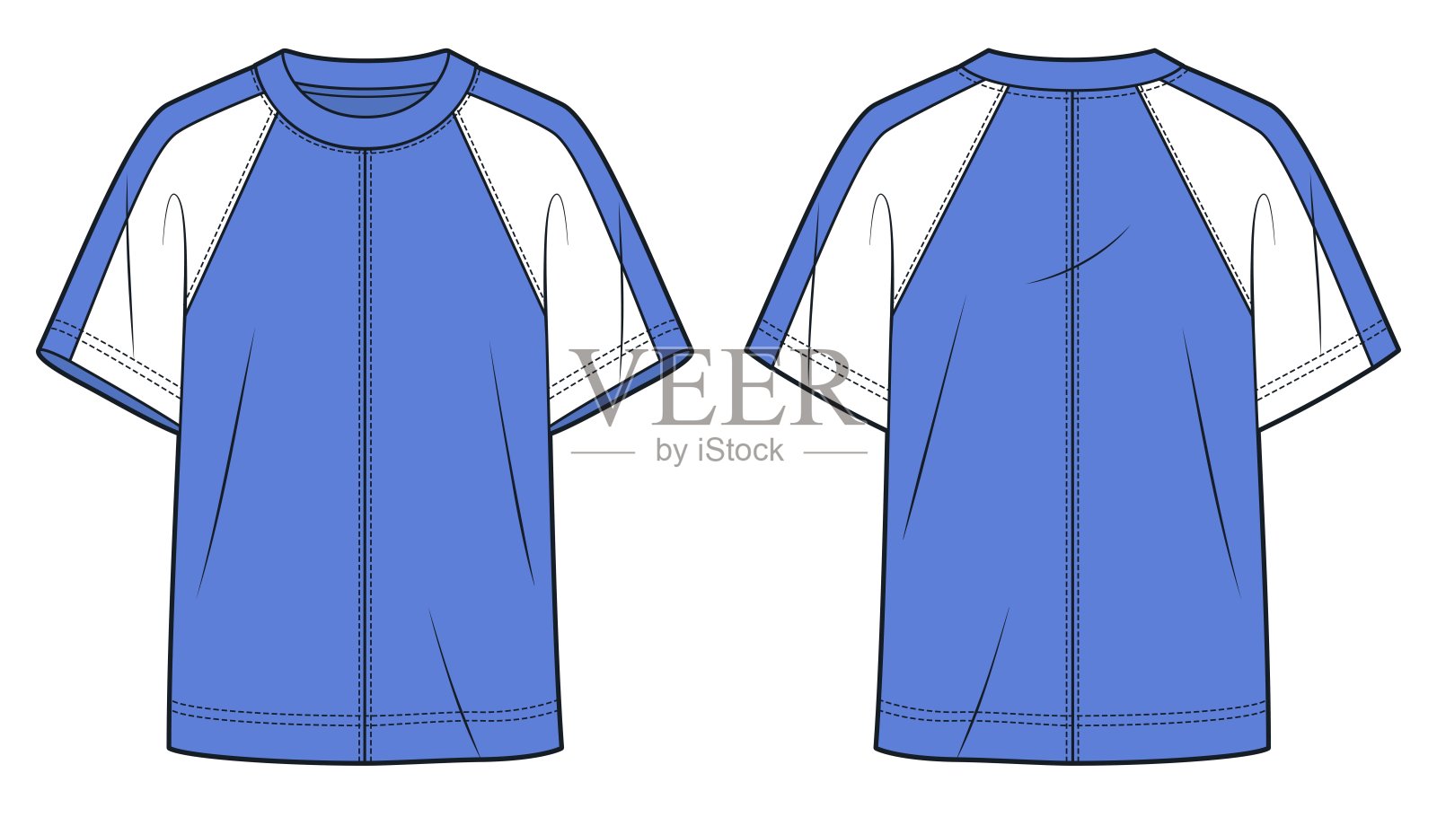 插肩袖蓝色T恤时尚平面技术图纸模板，正面和背面视图，宽松，圆领，女式，男式，男女皆宜上衣CAD模型。插画图片素材