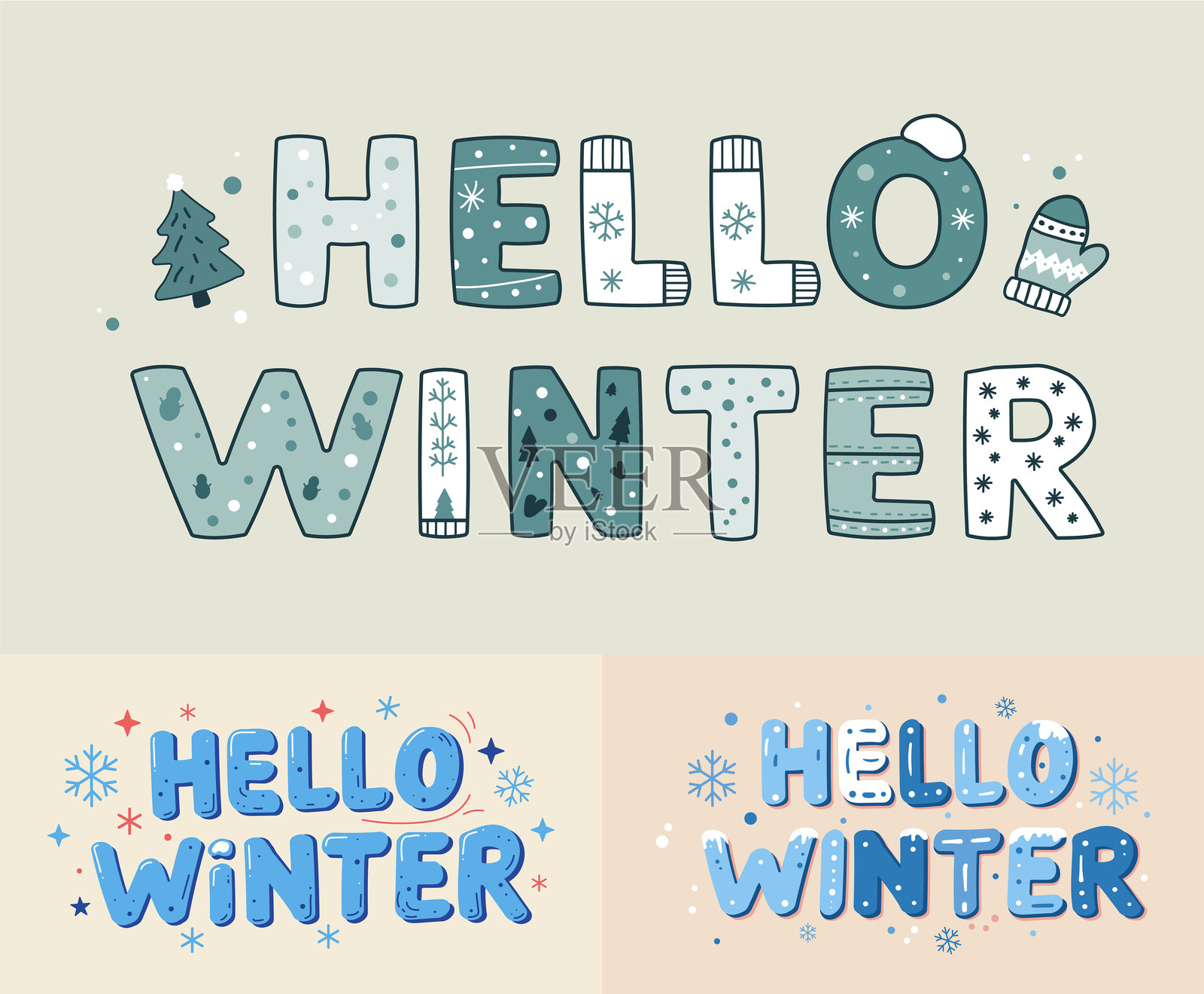 俏皮的“你好，冬天”文字组合，配有雪花、手套和节日元素插画图片素材