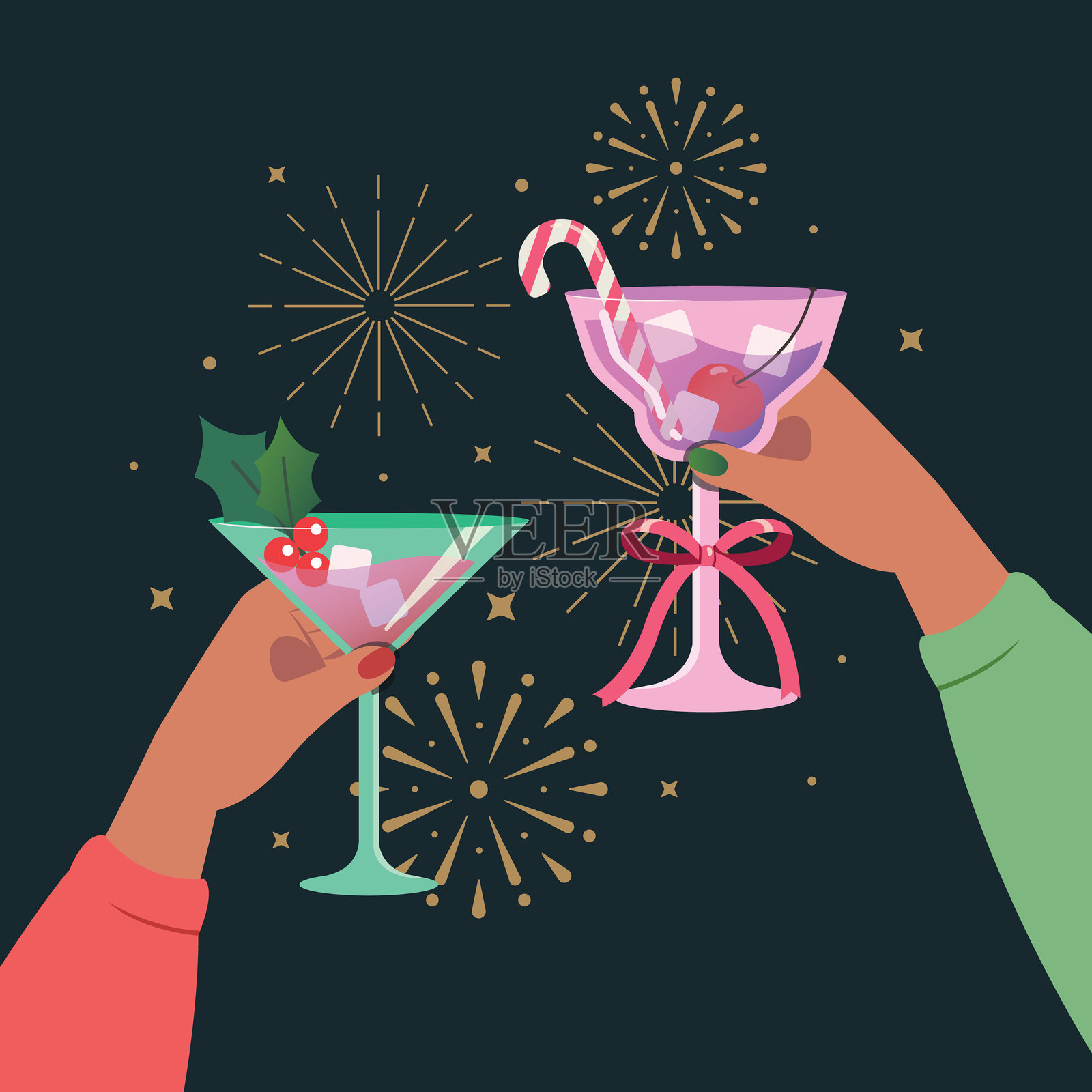 一只手拿着一杯鸡尾酒，背景是美丽的夜空烟花。新年和庆祝季。插画图片素材