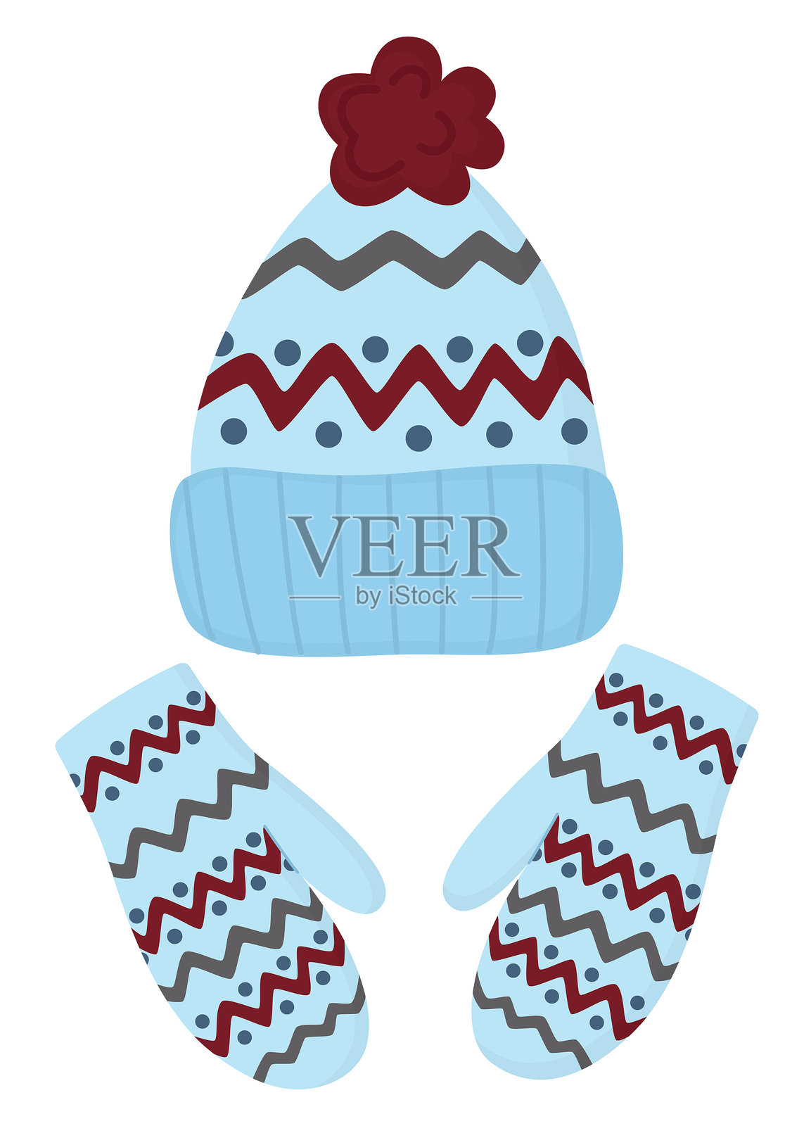 带绒球的蓝色针织帽和带有装饰图案的手套插画插画图片素材