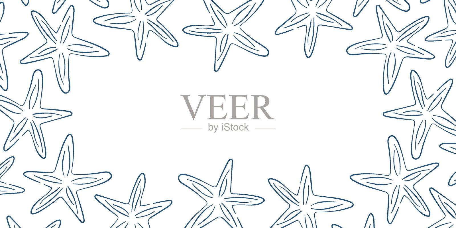 海星海底边框，线条艺术风格。海星设计，适用于夏季海滩设计、海鲜餐厅菜单，并留有复制空间。插画图片素材