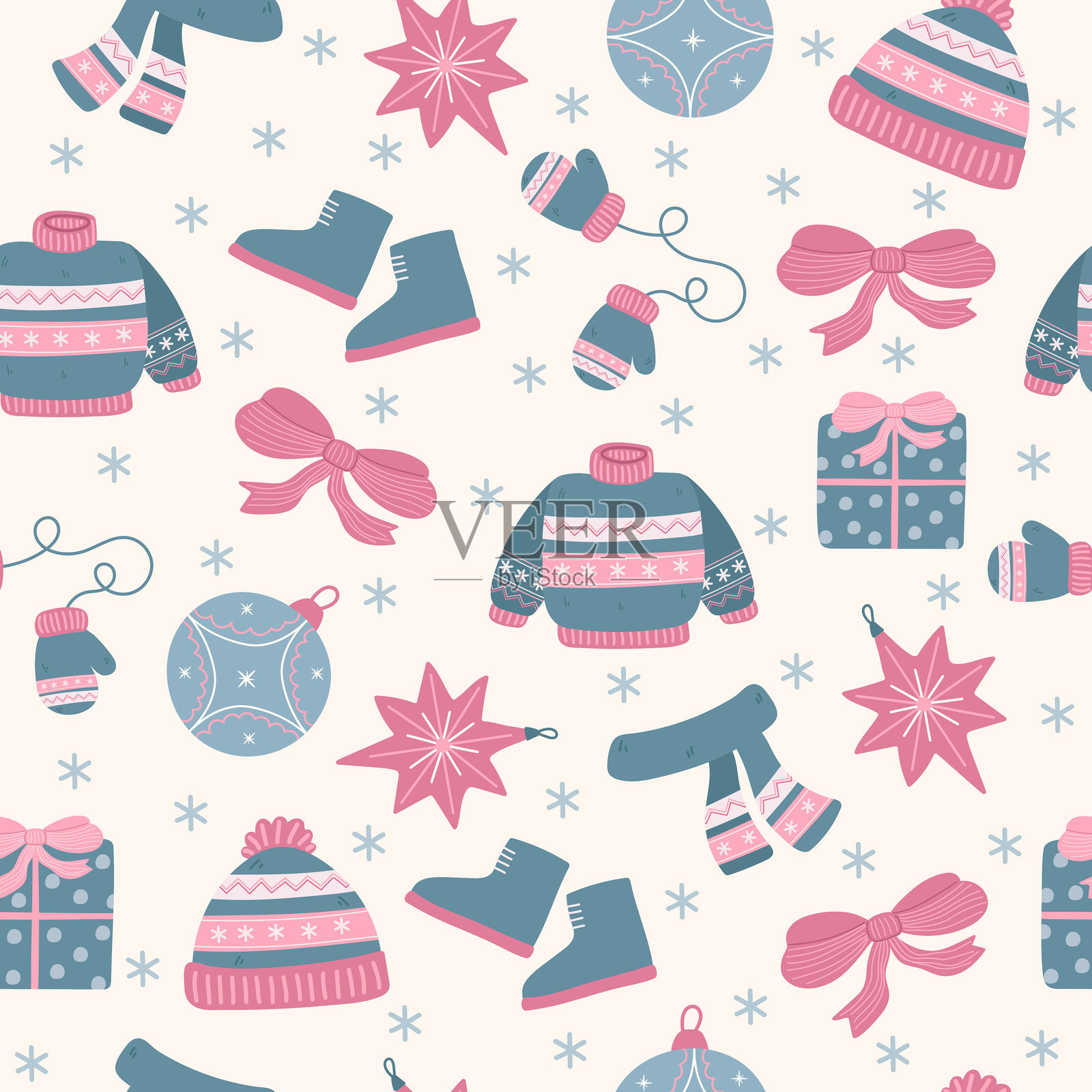 冬季服装和圣诞装饰的无缝图案。节日温馨背景，适用于贺卡、织物和纺织品设计。插画图片素材