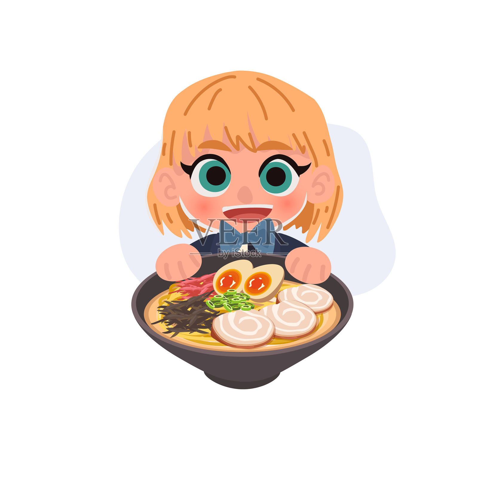 可爱的动漫风格女孩拿着拉面。孩子角色对着拉面碗微笑。插画图片素材