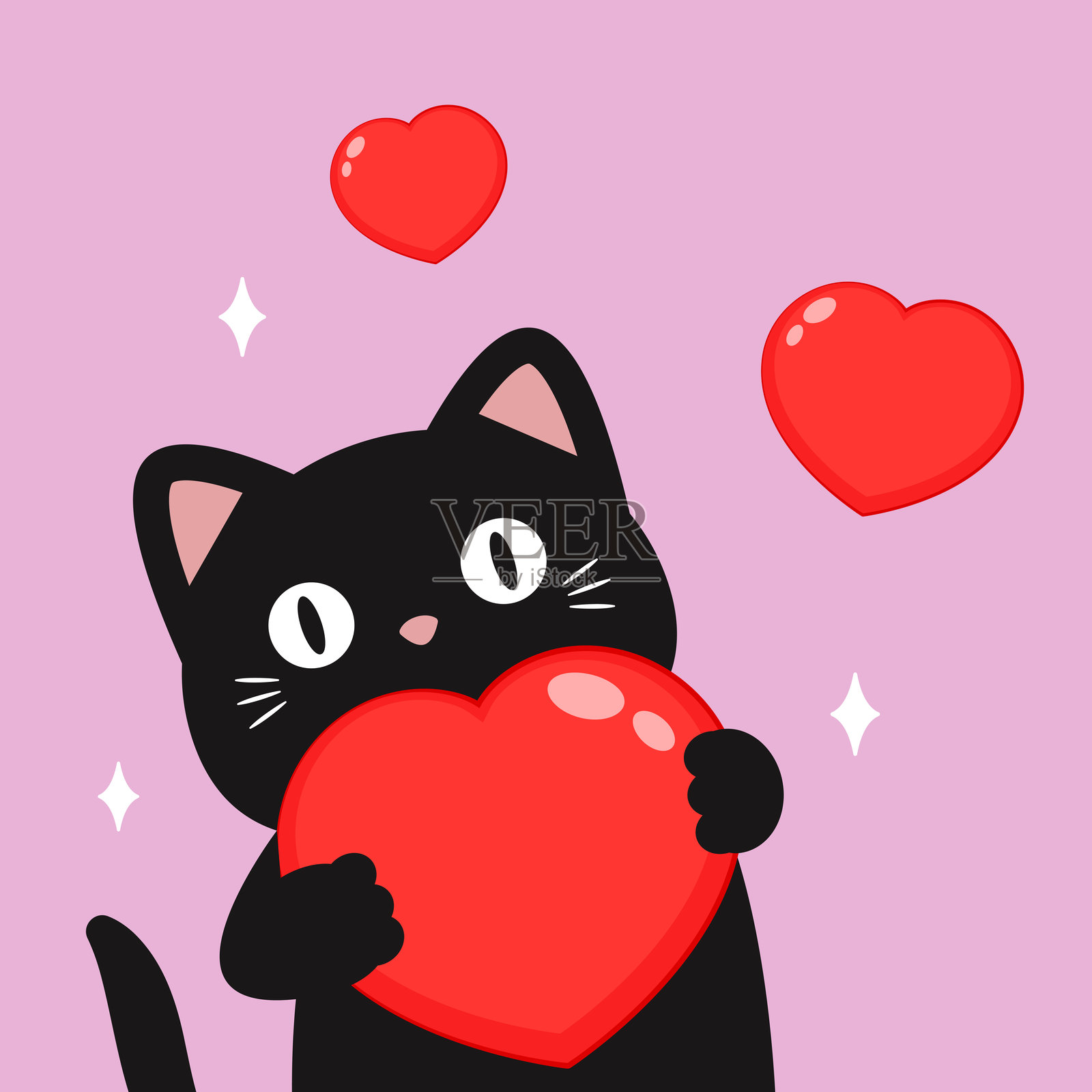 可爱的黑猫和爱心。矢量图。情人节的黑猫。插画图片素材