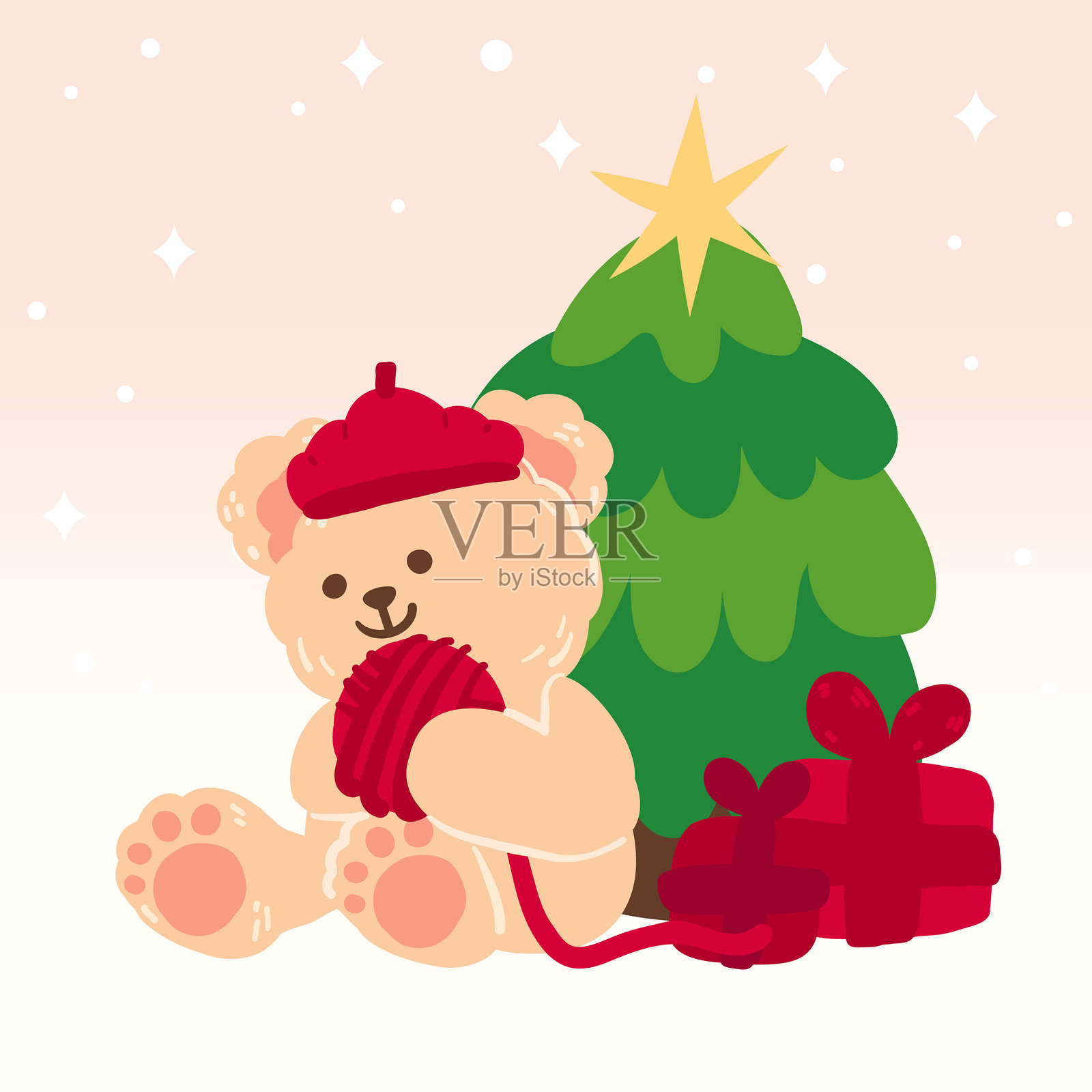 温馨的圣诞熊与毛线和礼物贺卡模板插画图片素材