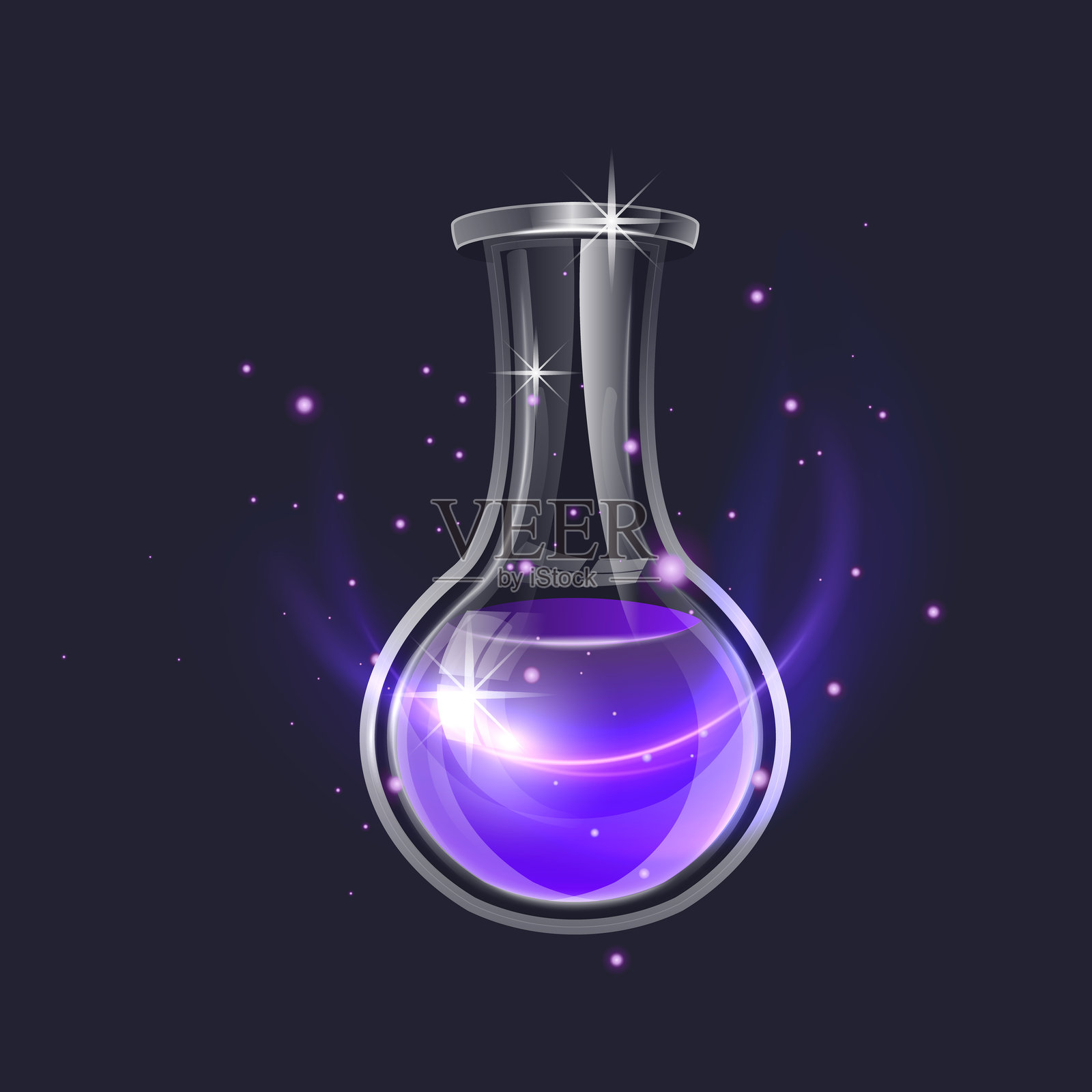 闪耀的亮色药水装在玻璃瓶中，带有魔法闪光插画图片素材