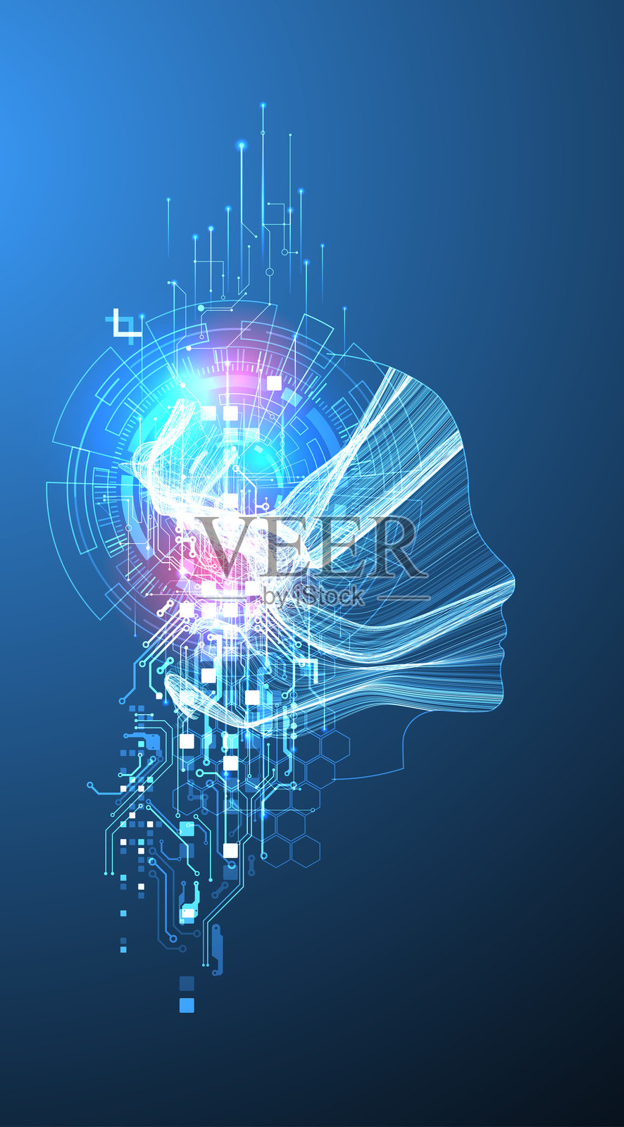 人工智能。技术背景。大数据概念。机器赛博思维。插画图片素材