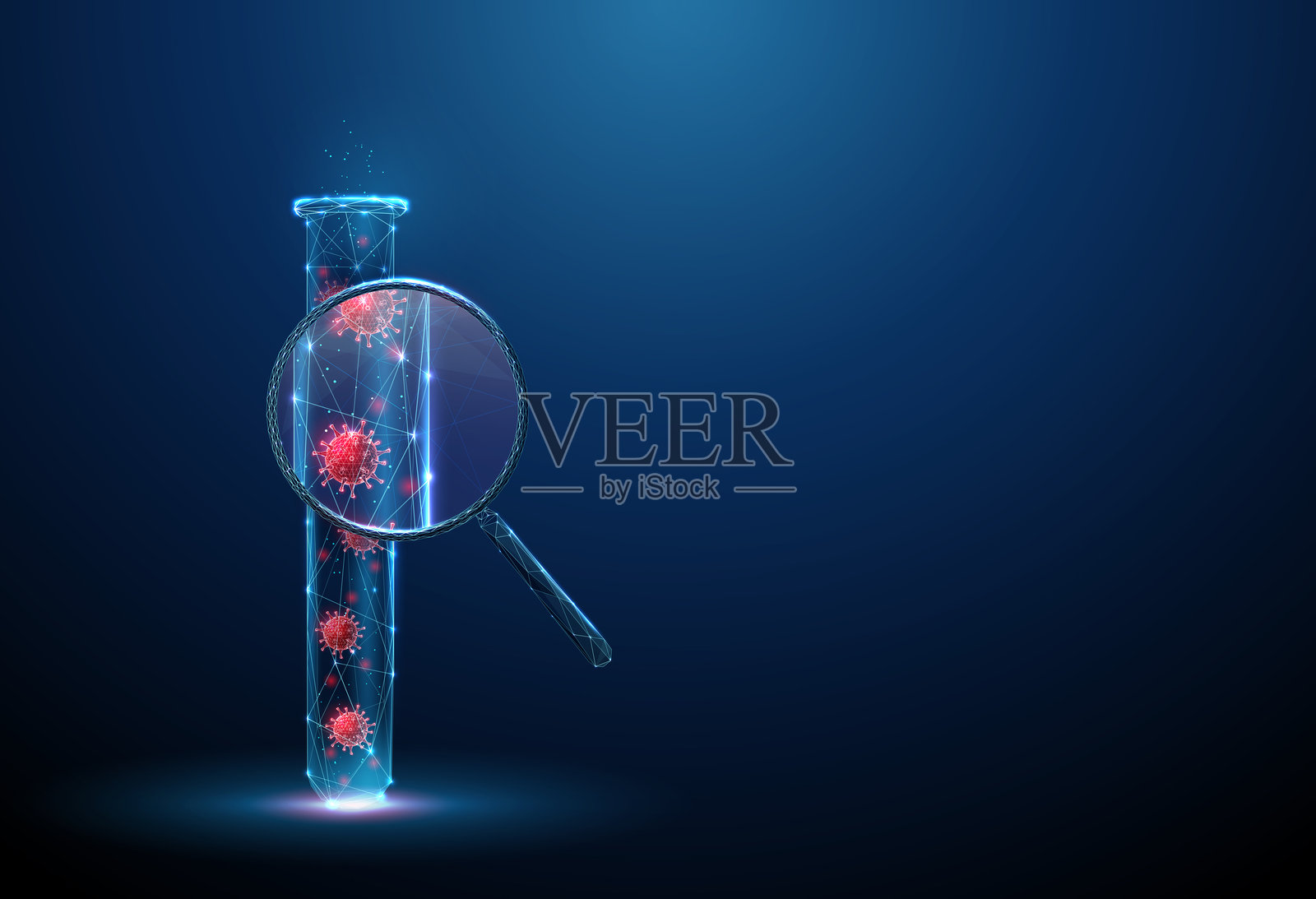 放大镜下的病毒试管，病毒感染检测、病原体分析、生物技术、医学研究概念。插画图片素材