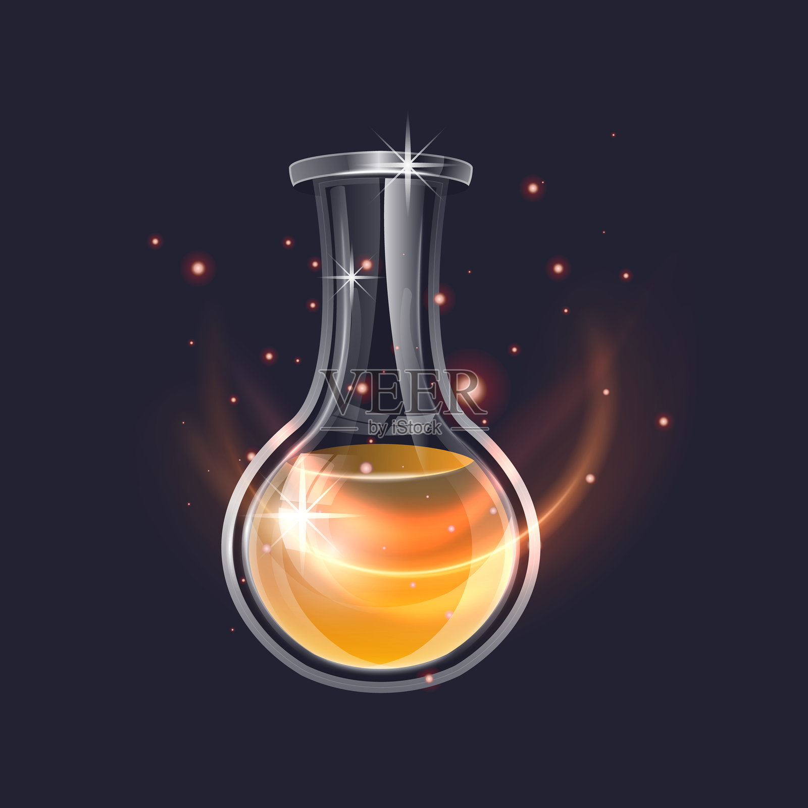 玻璃瓶中闪耀着明亮色彩的魔法药水，带有神奇的火花插画图片素材
