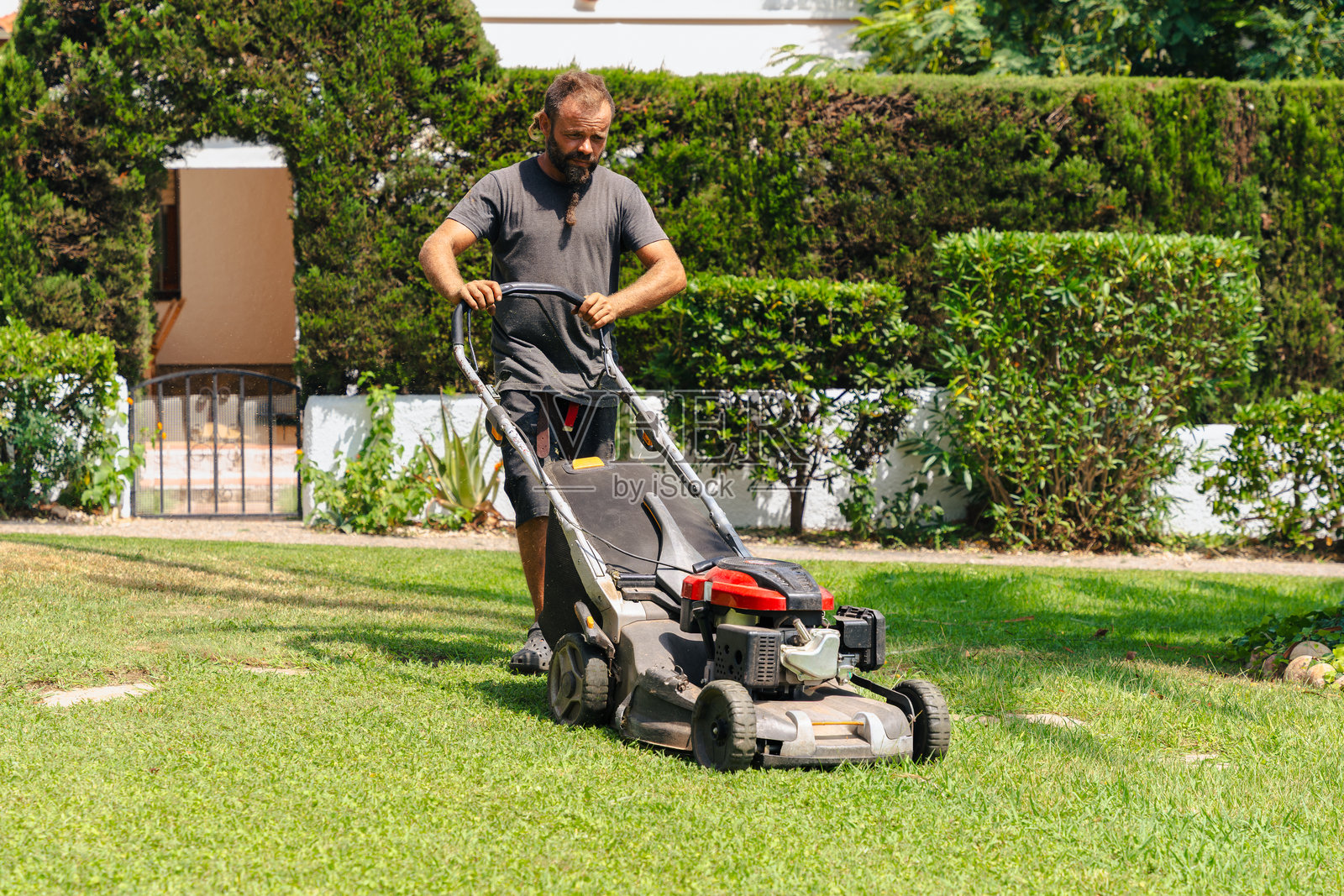园丁在后院使用割草机进行草坪维护照片摄影图片