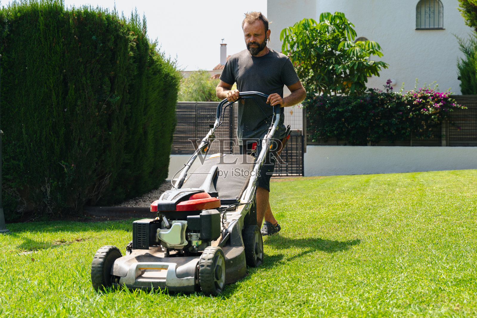 园丁在后院使用割草机进行草坪维护照片摄影图片