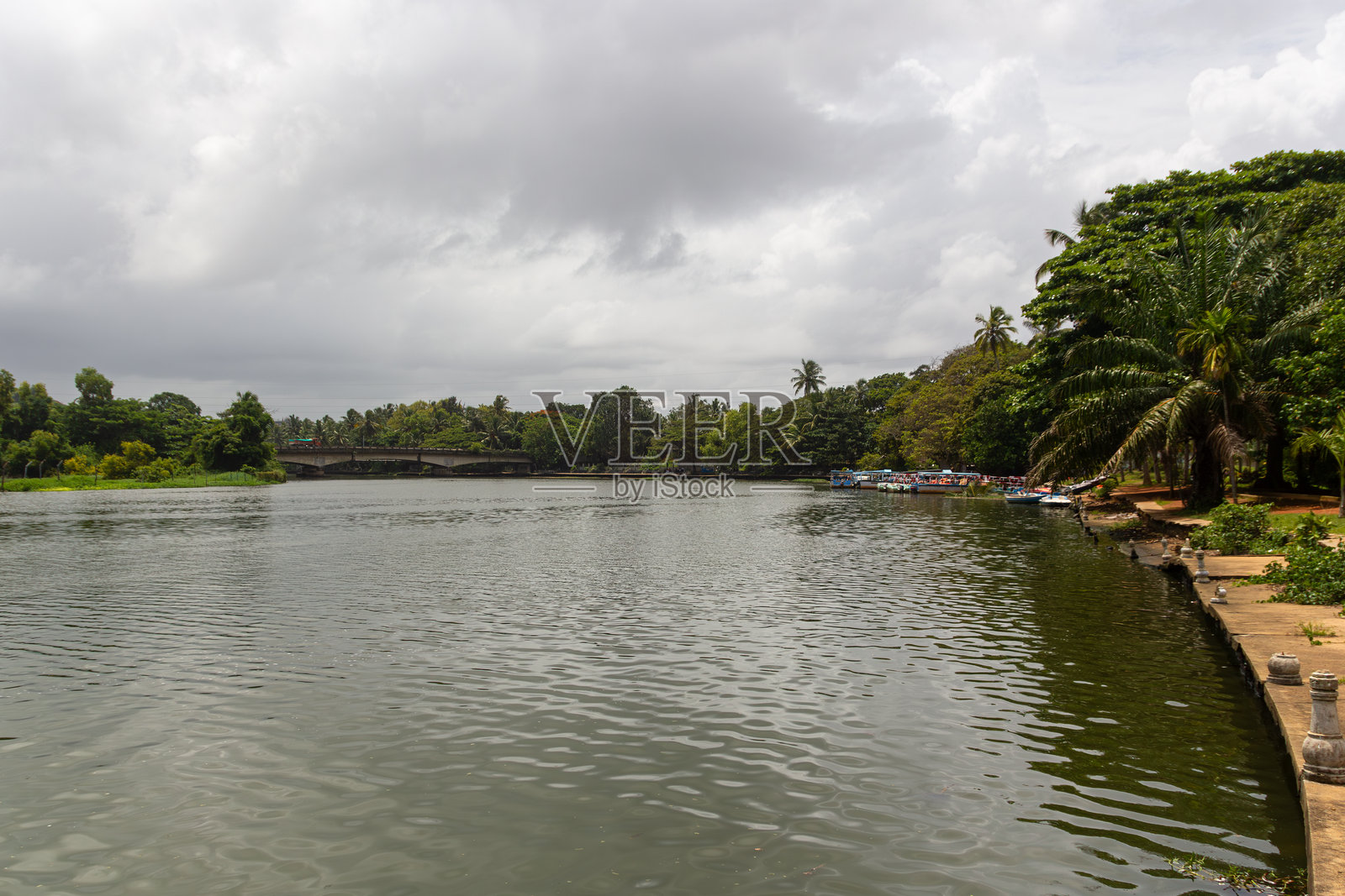 宁静湖泊的广角镜头，带有小型码头和热带海岸线照片摄影图片