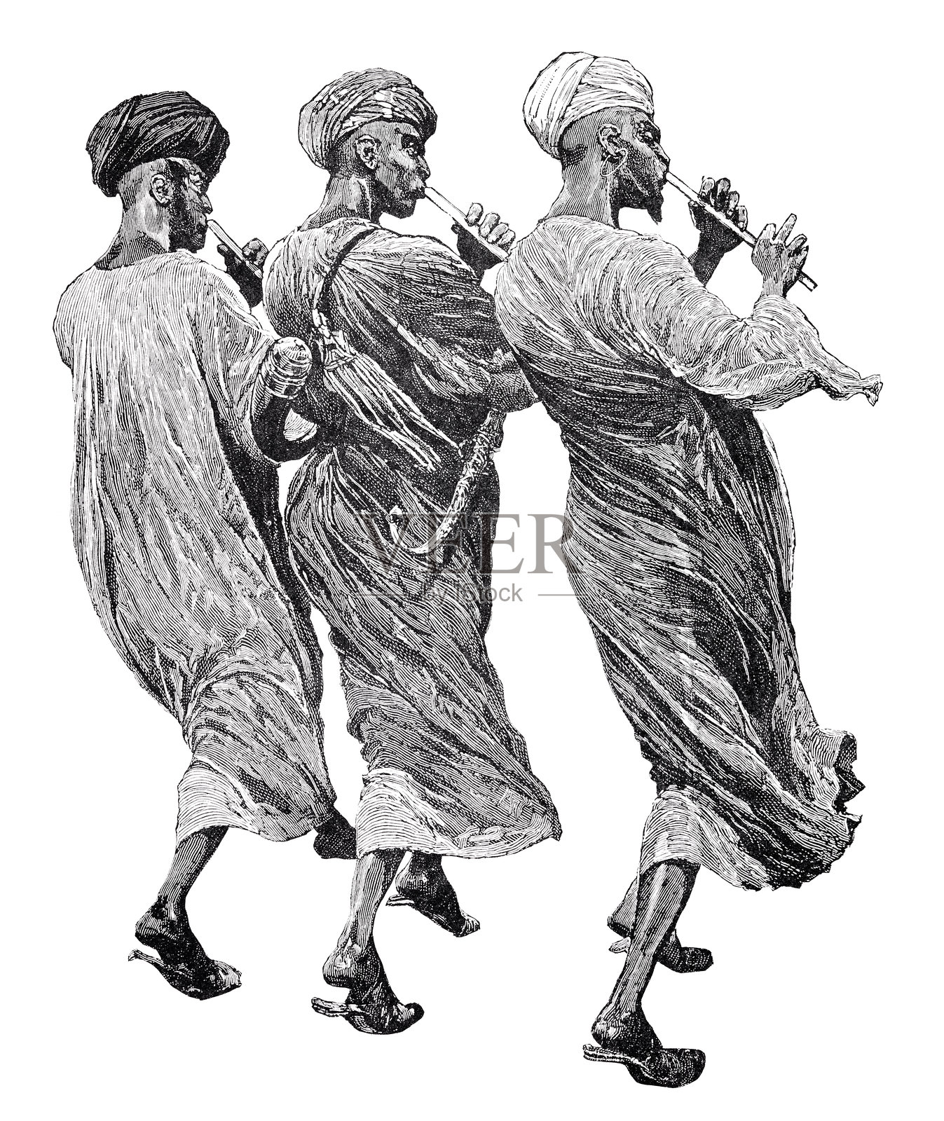 三位北非音乐家吹奏芦笛，脚步随着古老的旋律舞动插画图片素材