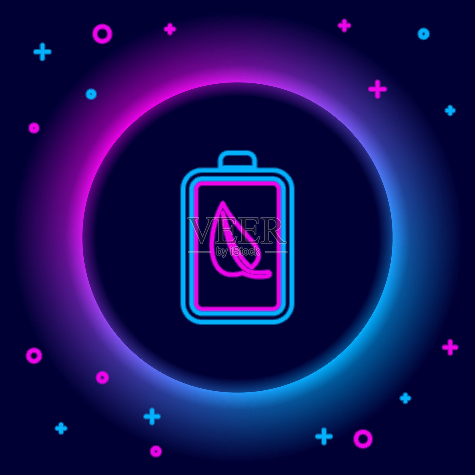 发光的霓虹线条，生态自然的叶子和电池图标，孤立在黑色背景上。基于生态节约概念的能源。多彩轮廓概念。矢量图示插画图片素材