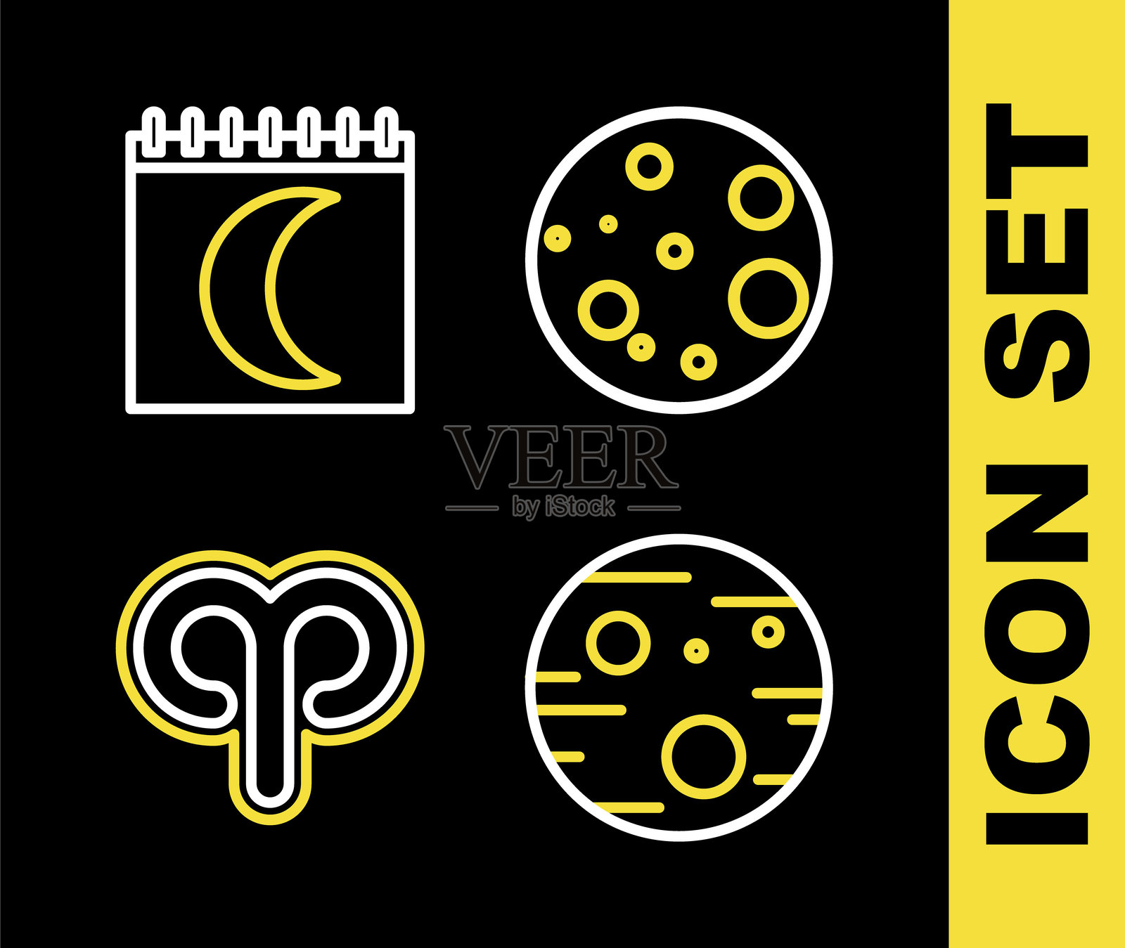 月亮、火星、白羊座生肖和月相日历图标的线条集合。矢量图插画图片素材