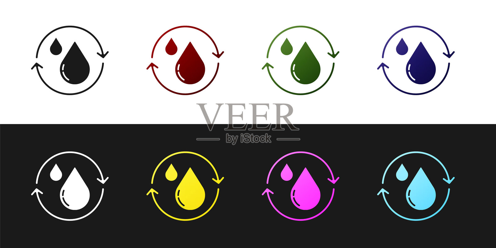 在黑白背景上隔离的回收清洁水图标。带有回收标志的水滴。矢量图插画图片素材