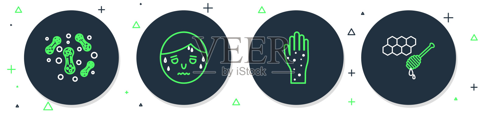 男人大汗淋漓，手部牛皮癣或湿疹，细菌和蜂窝状蜂蜜勺图标。矢量图插画图片素材
