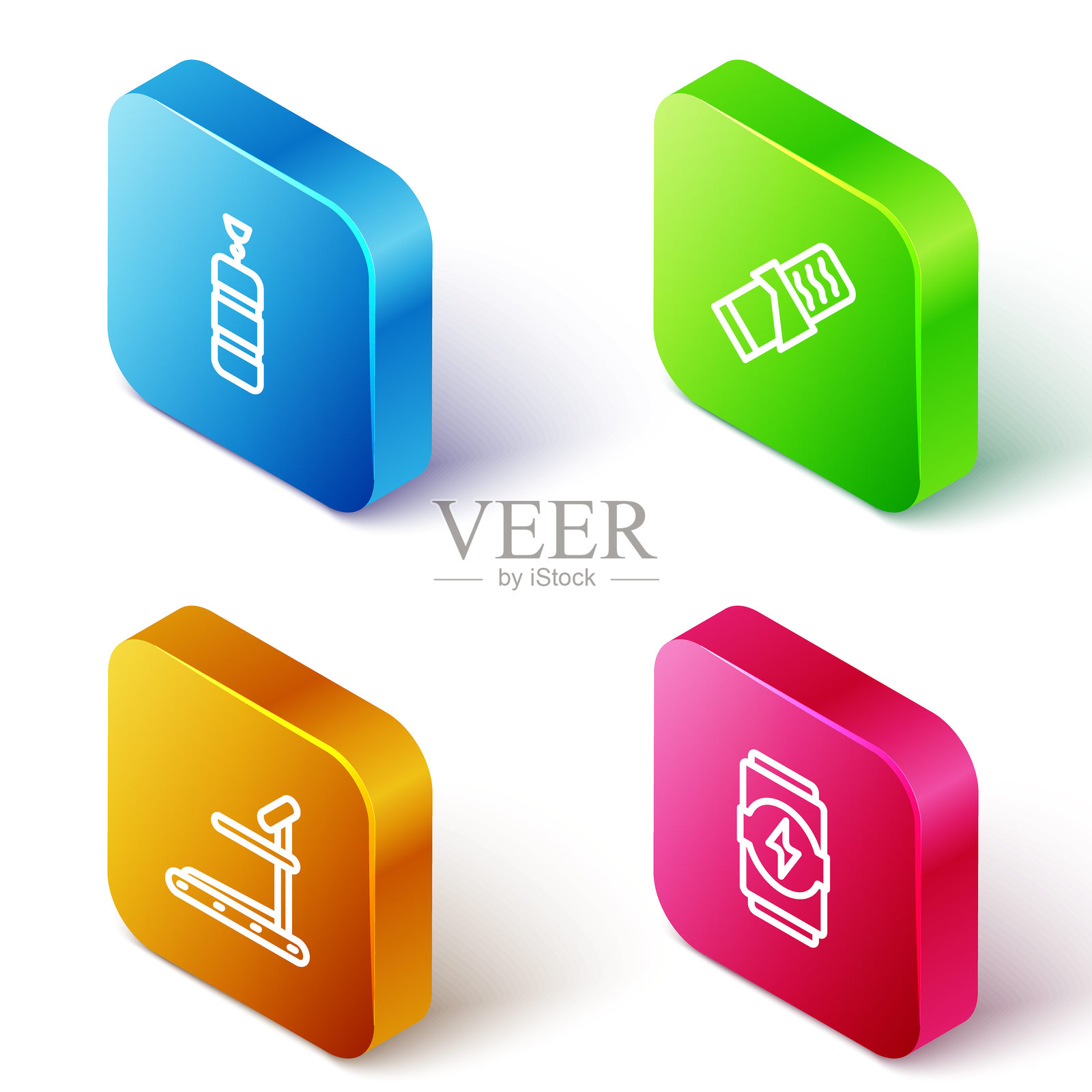 一套等距线条拳击沙袋、蛋白质运动棒、跑步机和能量饮料图标。矢量图。插画图片素材