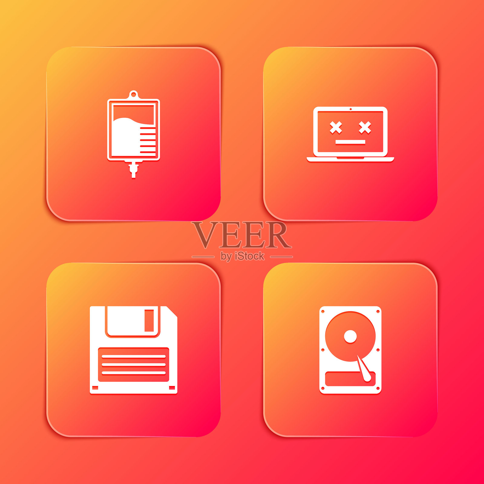 输液袋、报废笔记本电脑、软盘和硬盘HDD图标。矢量图插画图片素材