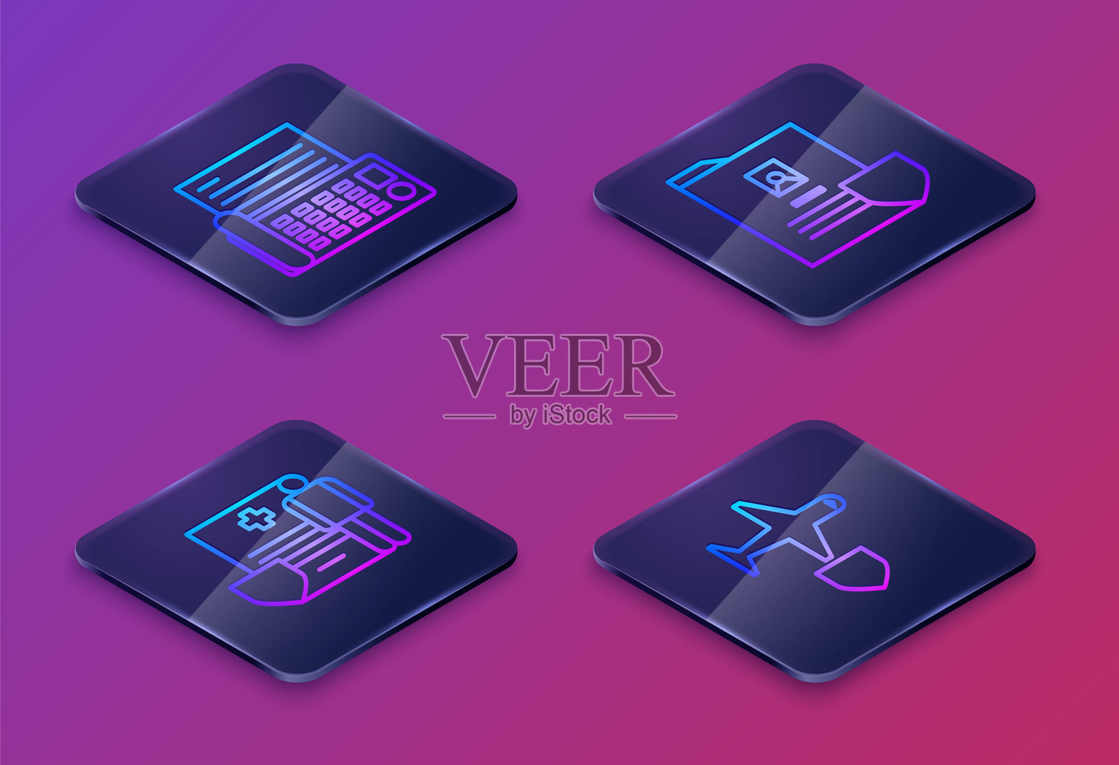 设置等距线条传真机、带临床记录的医疗剪贴板、带盾的文档和带盾的飞机。蓝色方块按钮。矢量图示量插画图片素材