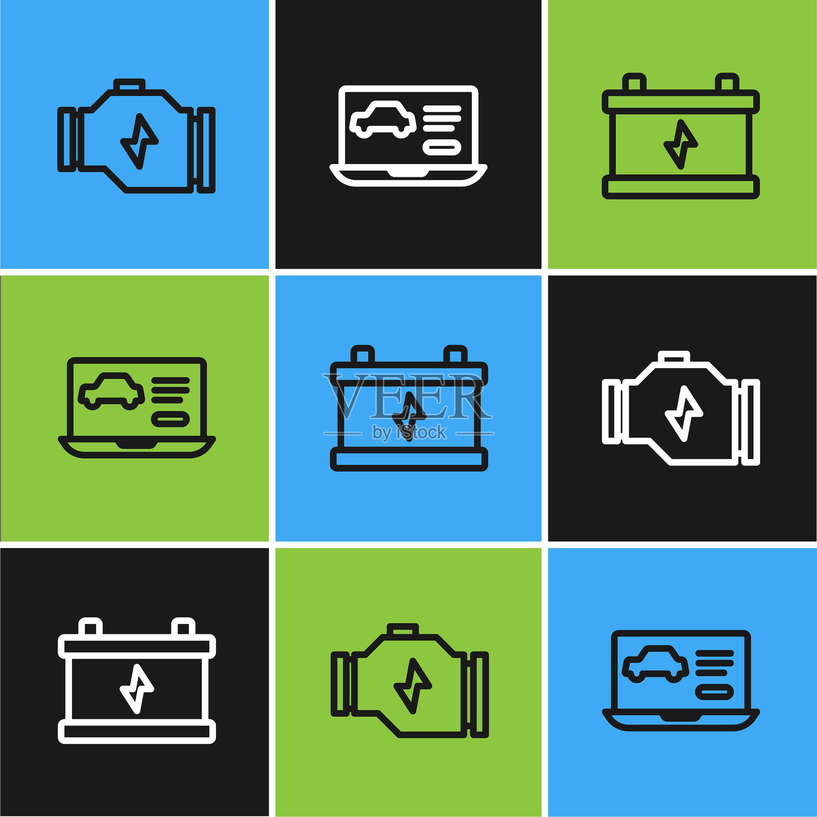 汽车电池、发动机和汽车诊断图标的线条检查。矢量图插画图片素材