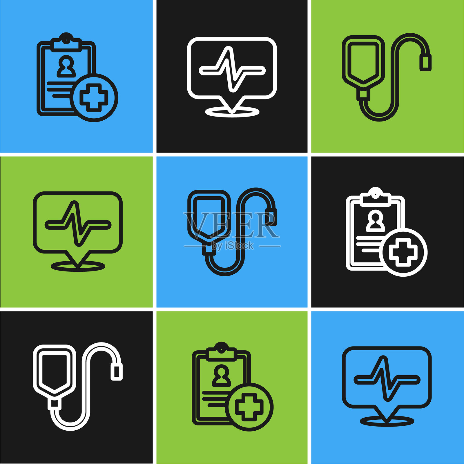 患者病历、输液袋和心率图标的线条集合。矢量图。矢量图。矢量图。矢量图。矢量图。矢量图。矢量图。矢量图插画图片素材