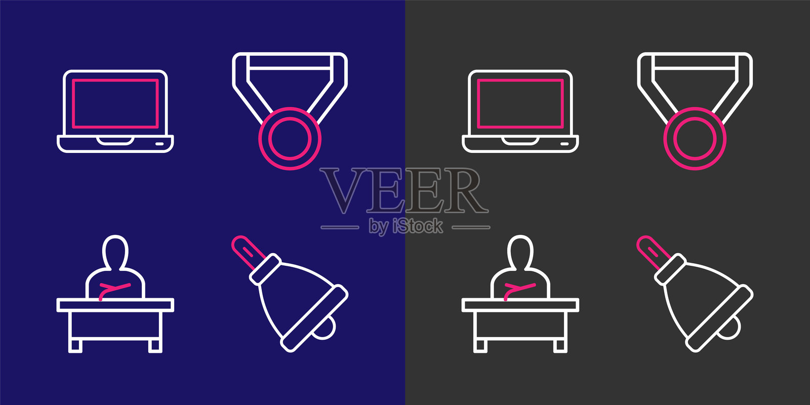 铃声响起，男学生坐在书桌前，奖牌和笔记本电脑图标。矢量图示图示向量插画图片素材