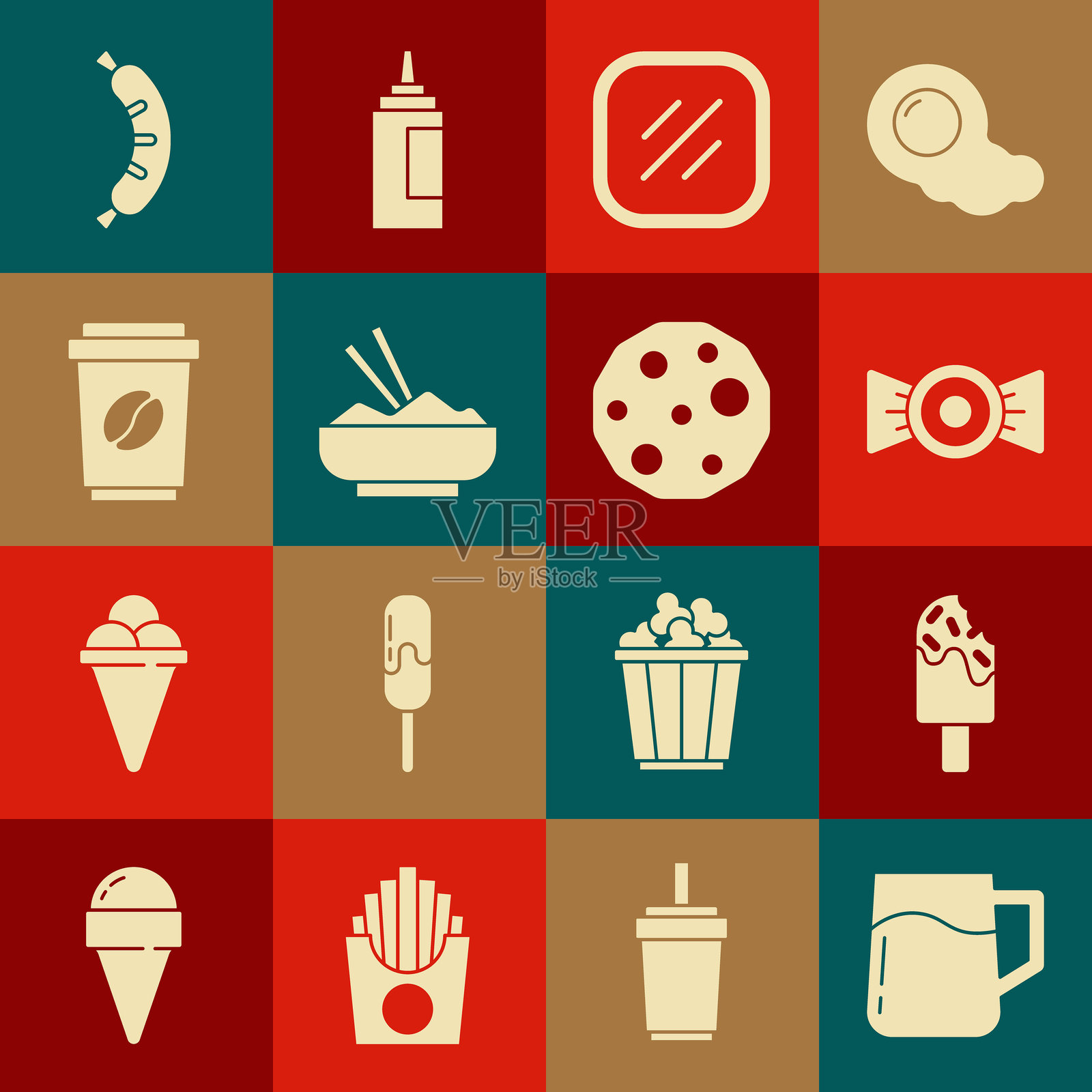 木质啤酒杯、冰淇淋、糖果、牛排、带筷子的米饭碗、外带咖啡杯、热狗和饼干图标。矢量图插画图片素材