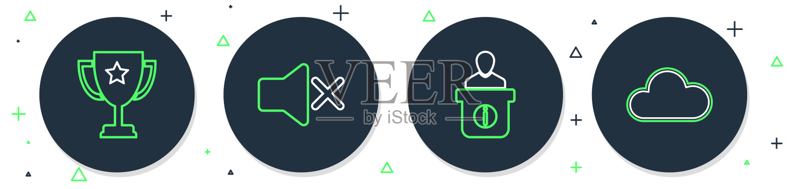 设置扬声器静音、服务台、奖杯和云图标的线条。矢量图插画图片素材