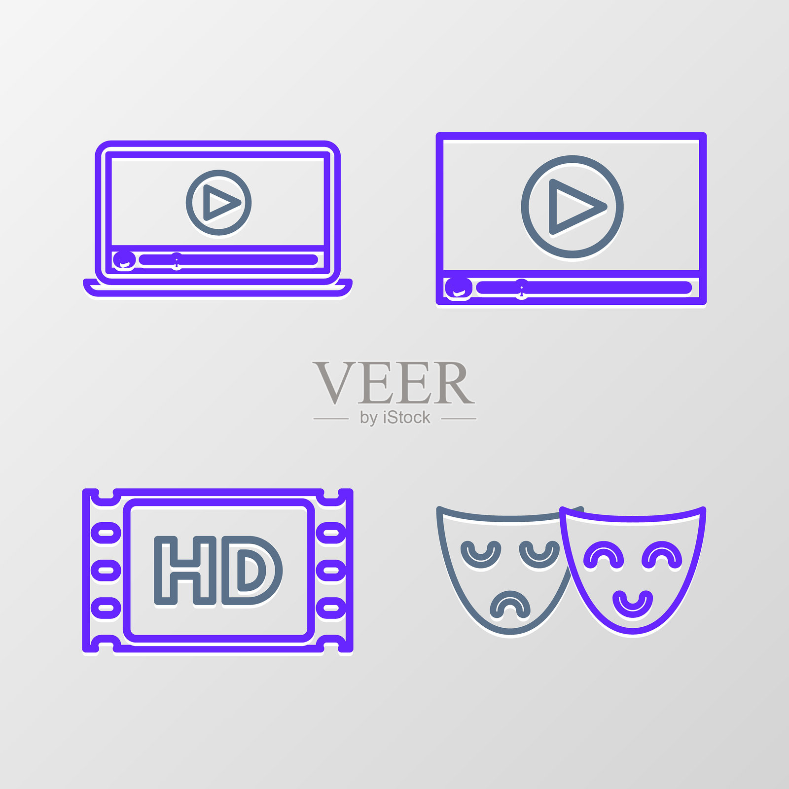 一套喜剧和悲剧戏剧面具的线条艺术，4K电影，磁带，相框，在线戏剧视频和图标。矢量图。插画图片素材