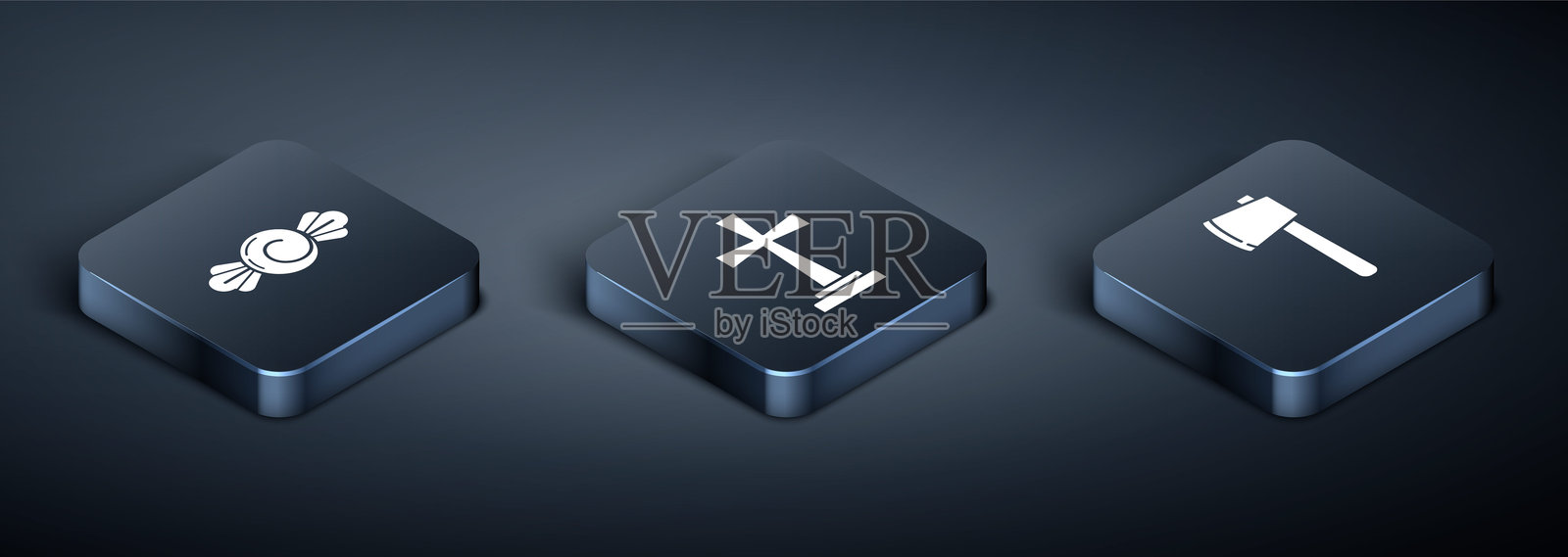 矢量图：等距糖果、木斧和带十字架的墓碑图标。插画图片素材