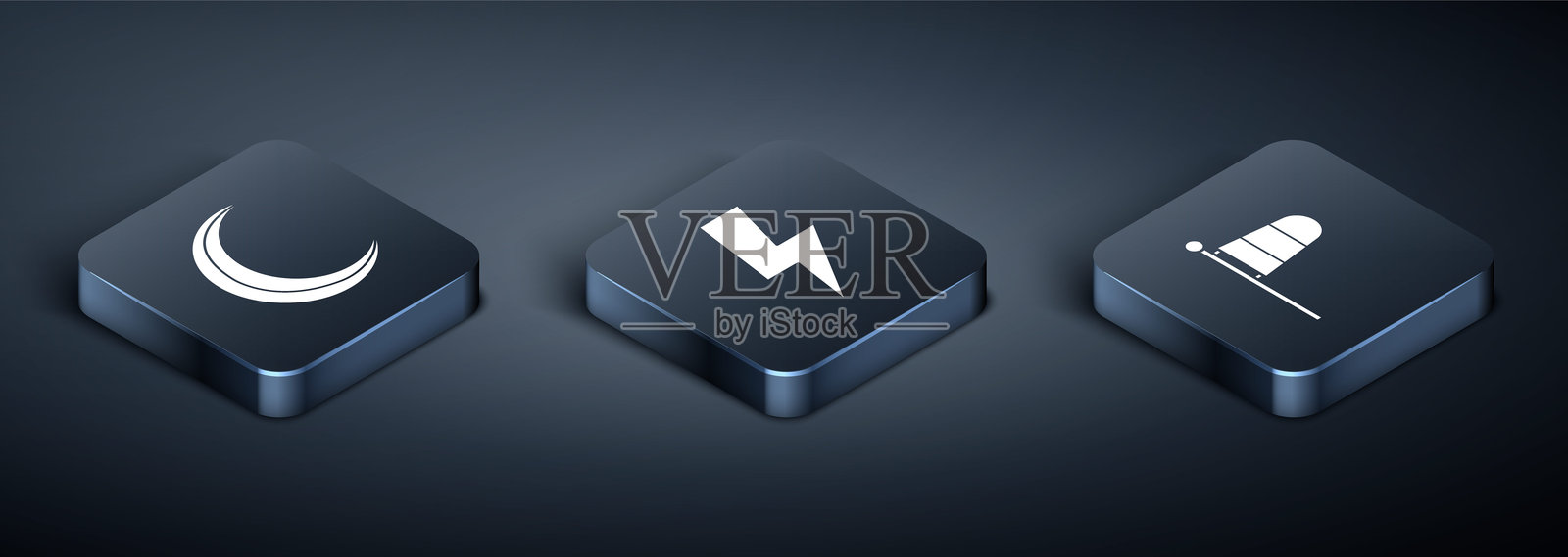 插画风格的月亮和星星、圆锥形气象风向袋、风向标和闪电图标。矢量图插画图片素材