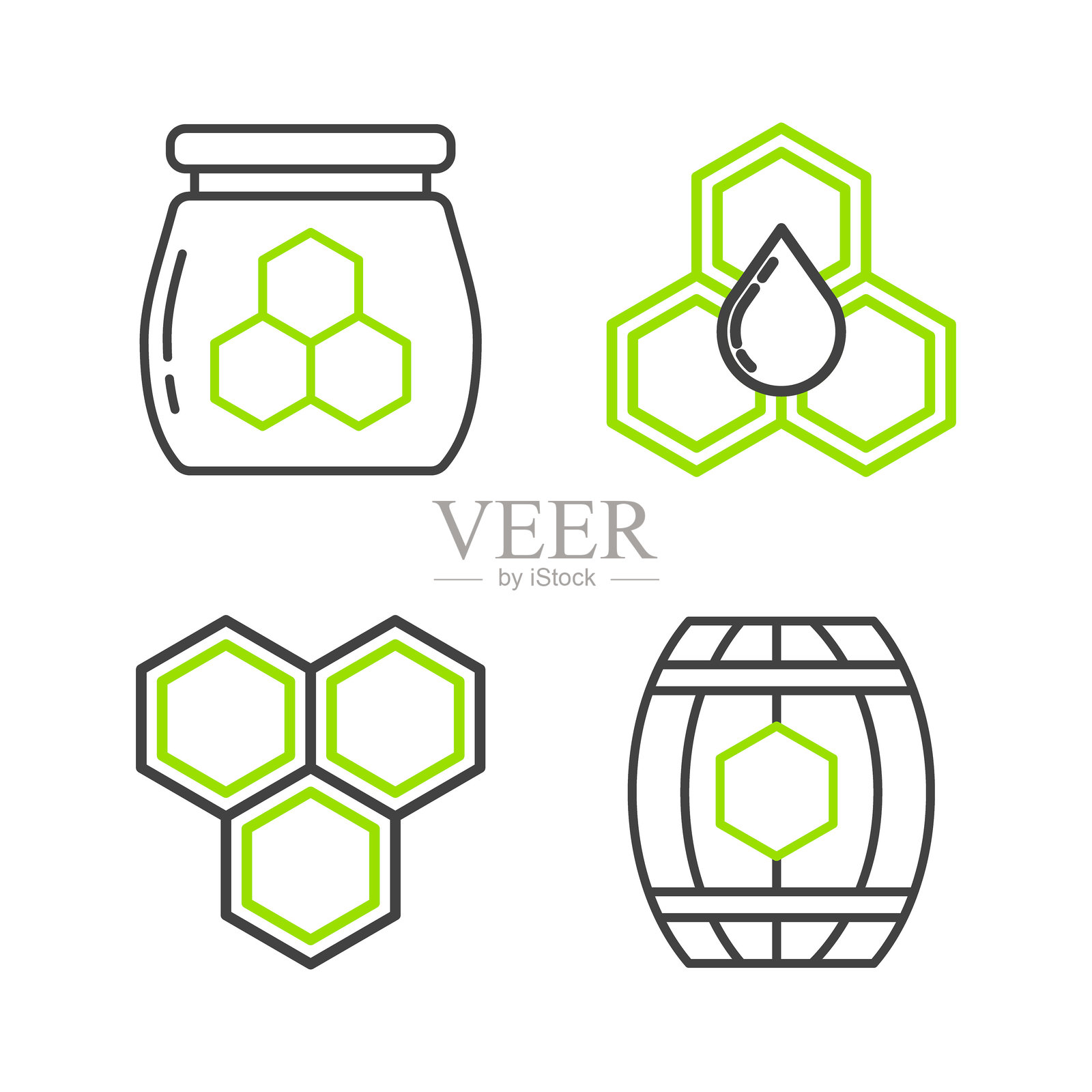 木桶装蜂蜜、蜂巢和蜂蜜罐的线性图标。矢量图插画图片素材