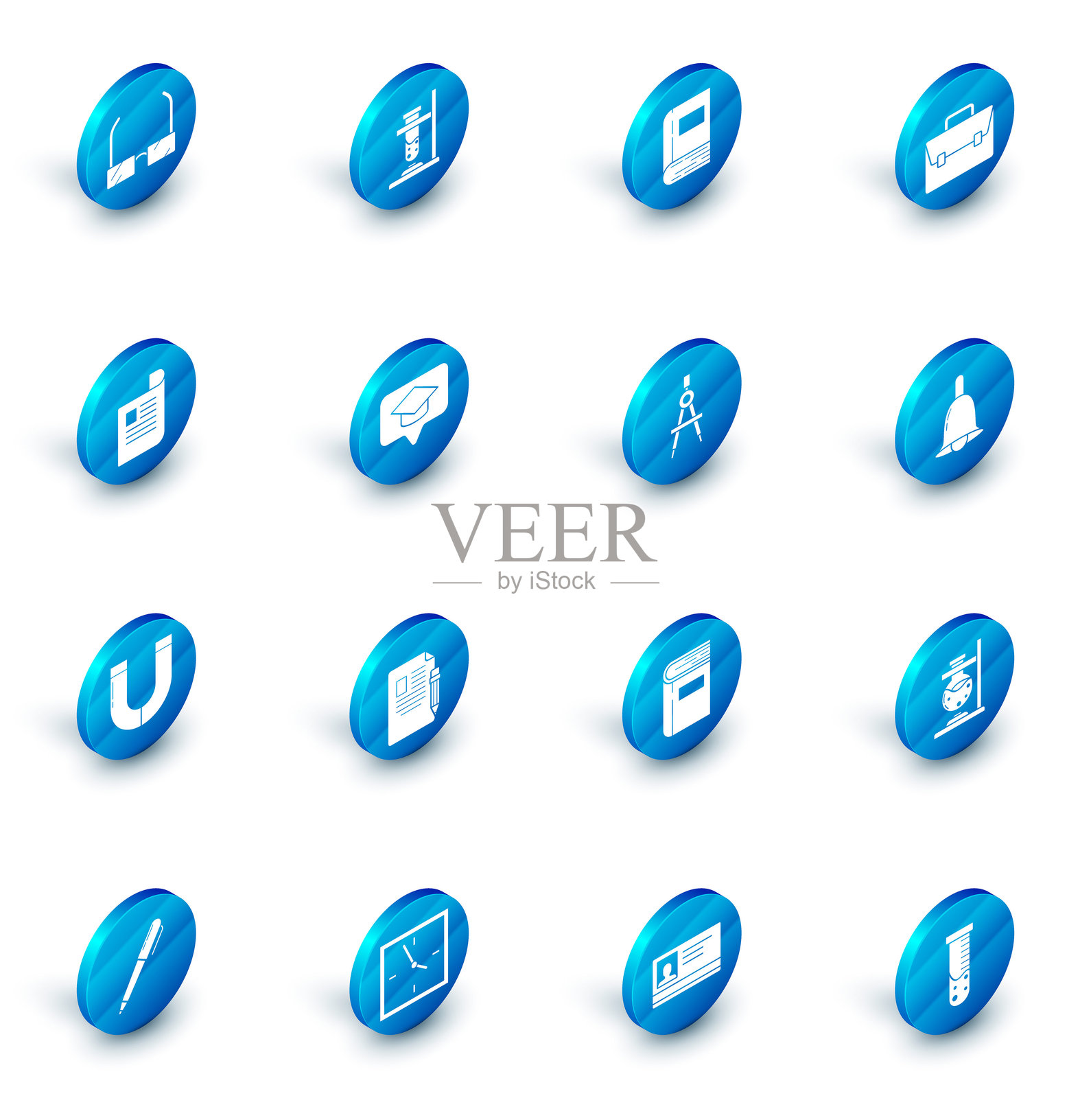 玻璃试管和烧瓶着火，书本、公文包、文件、磁铁、毕业帽在对话气泡中、铃铛和绘图罗盘图标。矢量图插画图片素材